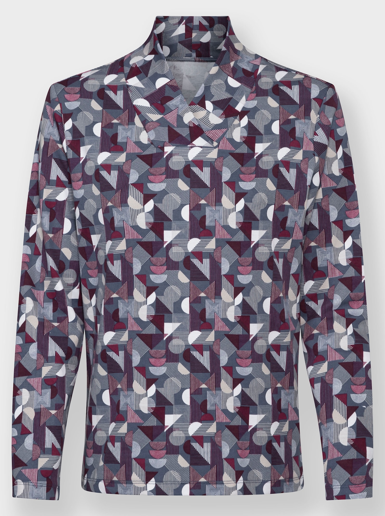 Shirt met lange mouwen en V-hals - rookblauw-bordeaux-bedrukt