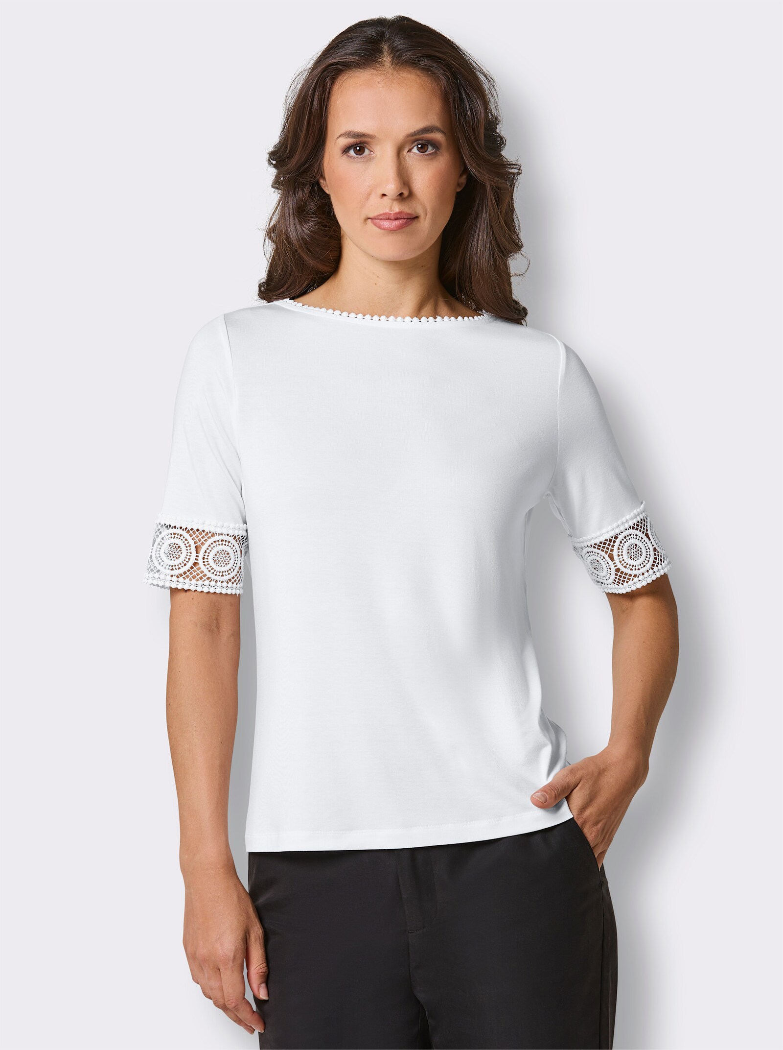 CREATION L PREMIUM Kurzarmshirt mit Spitze - weiß