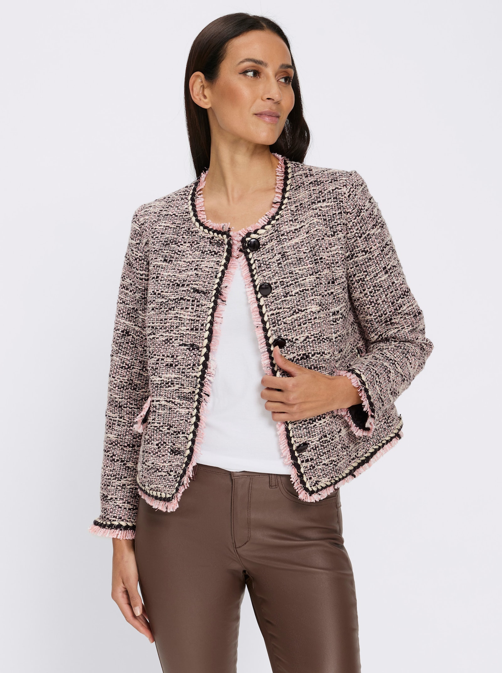 heine Bouclé-Blazer mit Fransenkante - schwarz-rosé-gemustert