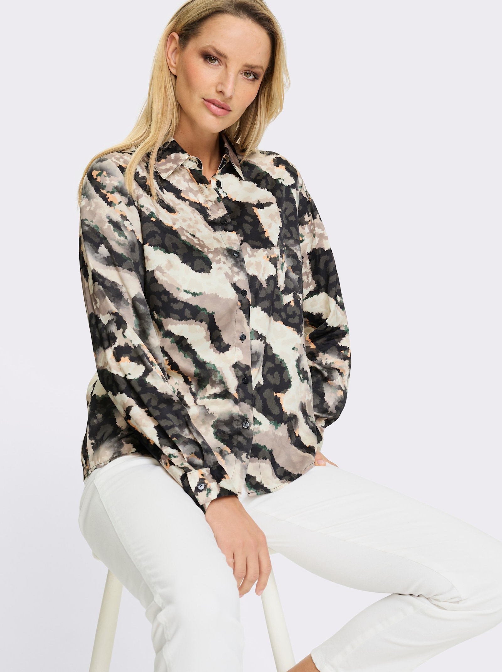 heine Hemdbluse mit Quetschfalte hinten - schwarz-champagner-bedruckt