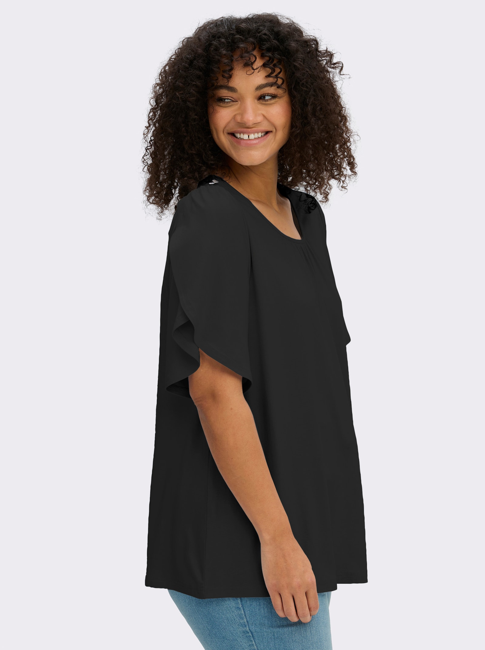 sheego Shirt met ronde hals en tulpmouwen - zwart