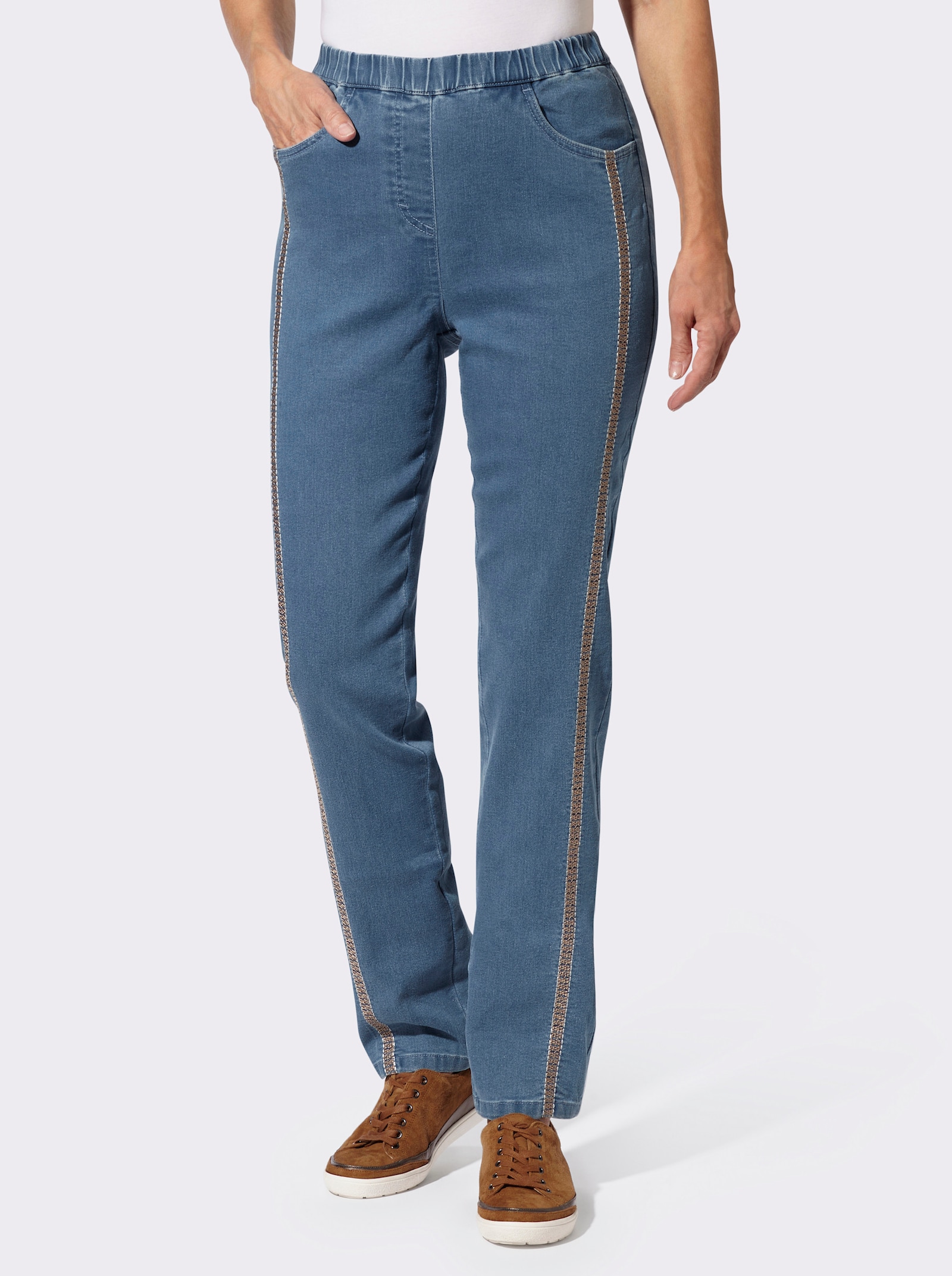 Schlupfjeans mit Stickerei - blue-bleached