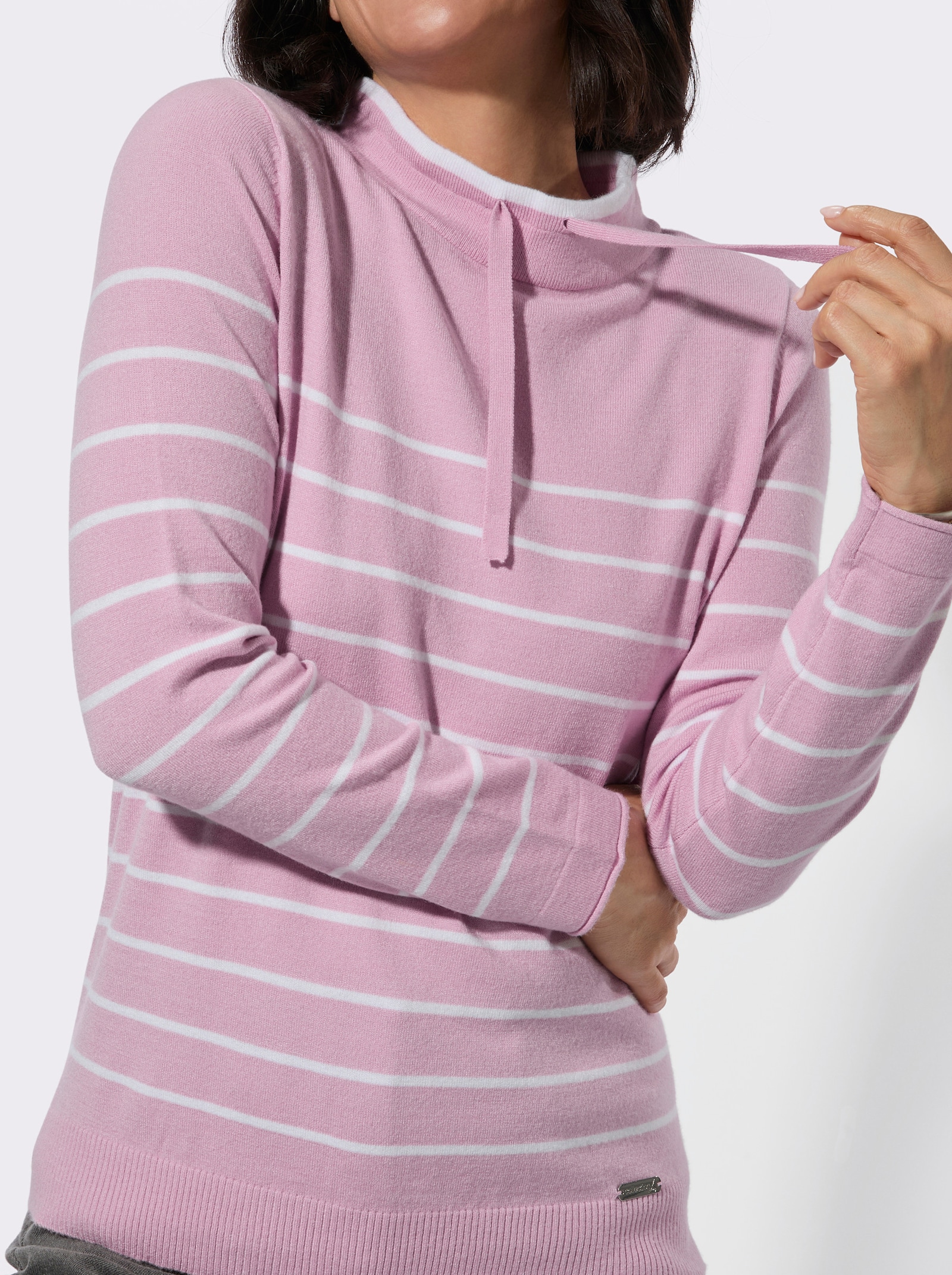 Stehkragenpullover mit sportiven Details - rosé-ecru-geringelt