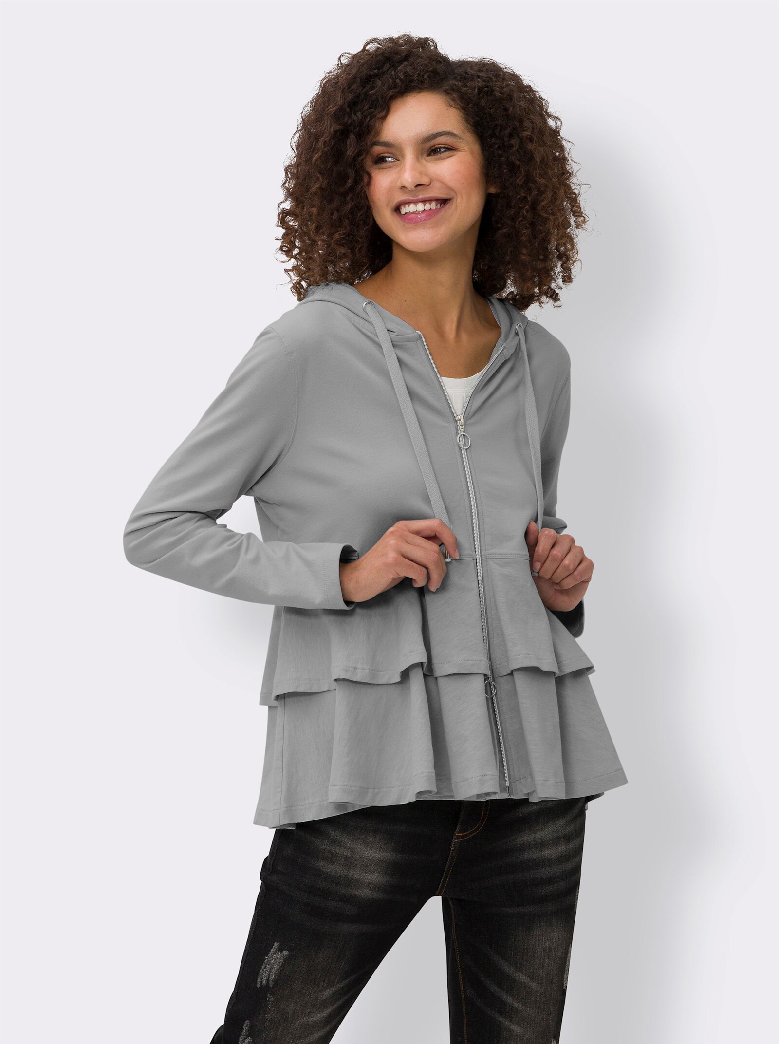 heine Shirtjacke mit Volants - steingrau