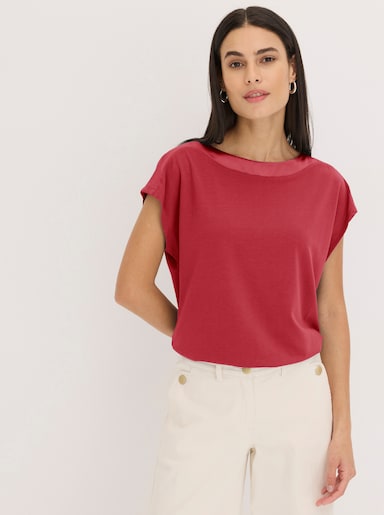 Kurzarmshirt mit Glanz-Blende am Ausschnitt - erdbeere