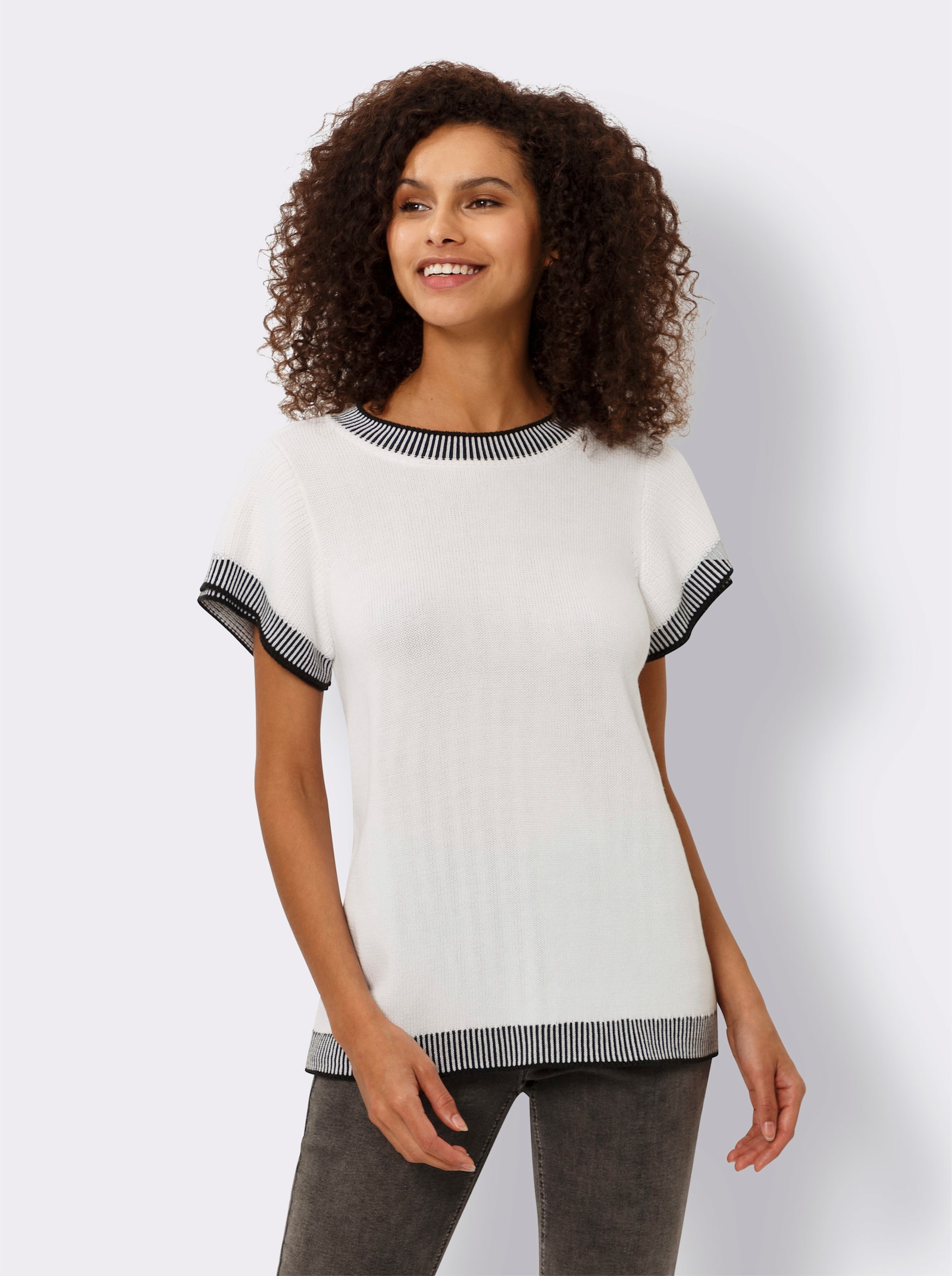 heine Kurzarmpullover mit Kontrastblenden - weiss-schwarz-gemustert