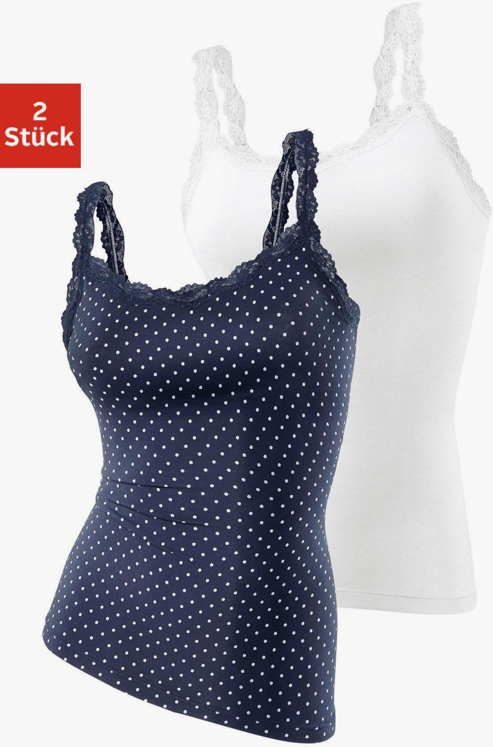 LASCANA Unterhemd - marine-gepunktet, weiss-uni