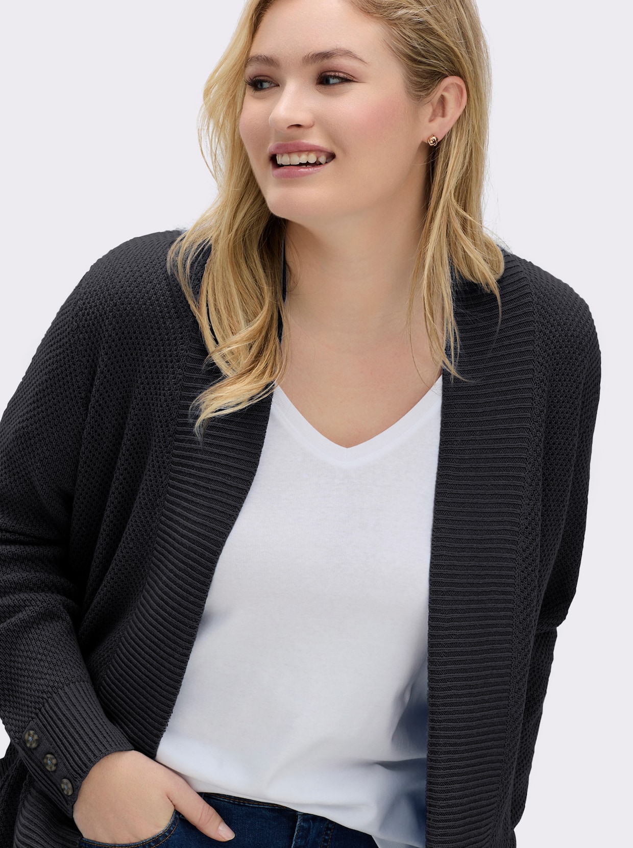 Longstrickjacke mit Struktur-Muster - schwarz