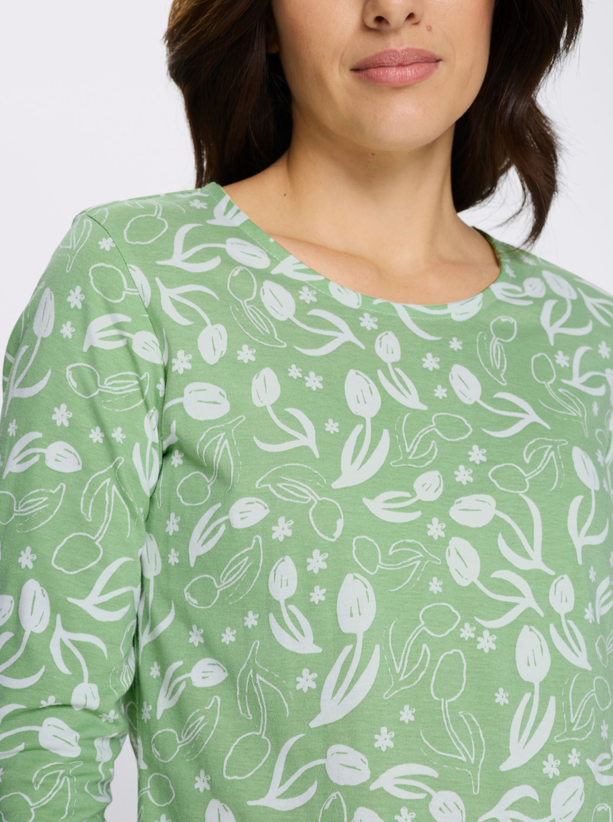 Shirt met 3/4-mouwen met bloemenprint, katoen - reseda/wit bedrukt