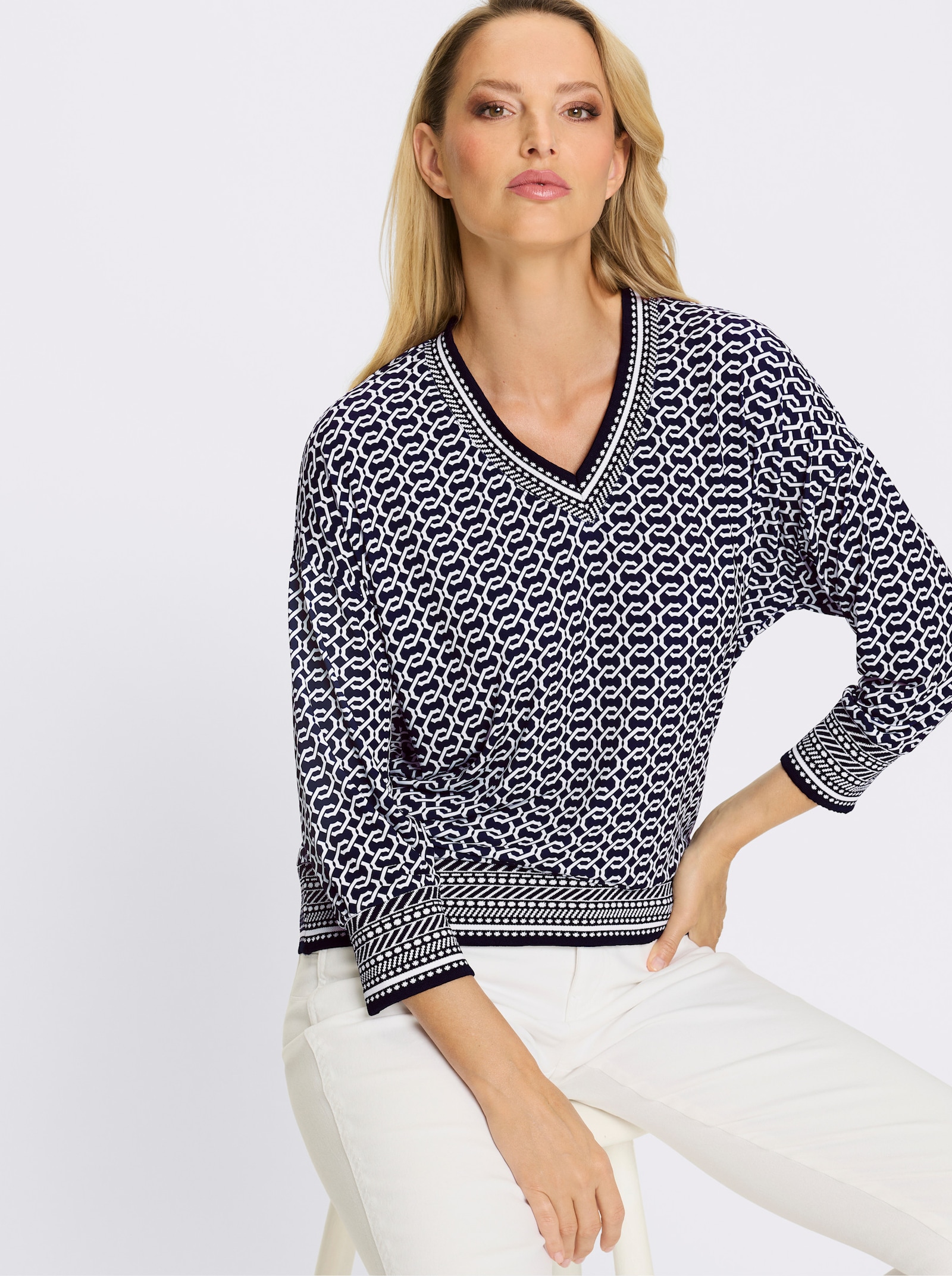 heine T-shirt à manches 3/4 - marine-écru imprimé