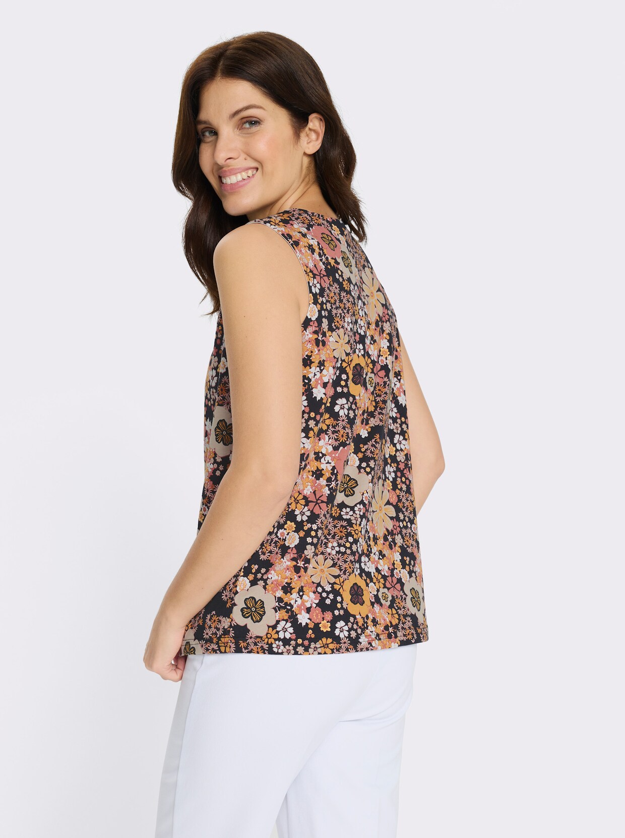 Shirttop floral gemustert - schwarz-papaya-bedruckt