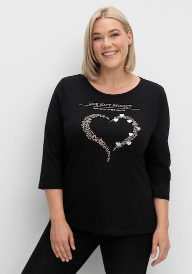 3/4-Arm-Shirt mit Herz-Motiv - schwarz-beige