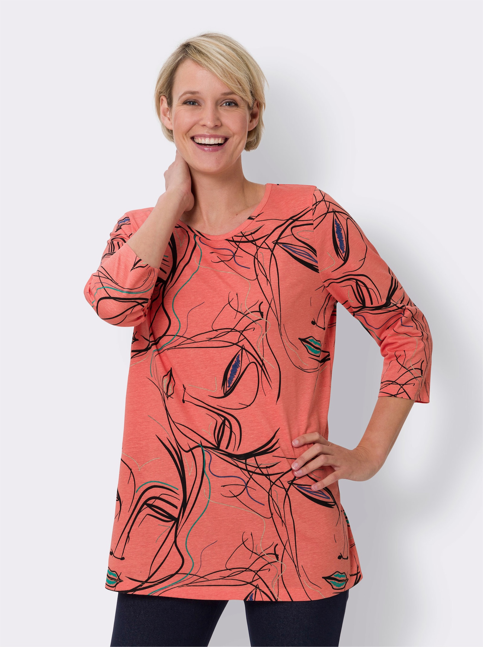 Longshirt mit 3/4-Ärmeln - koralle-schwarz-bedruckt