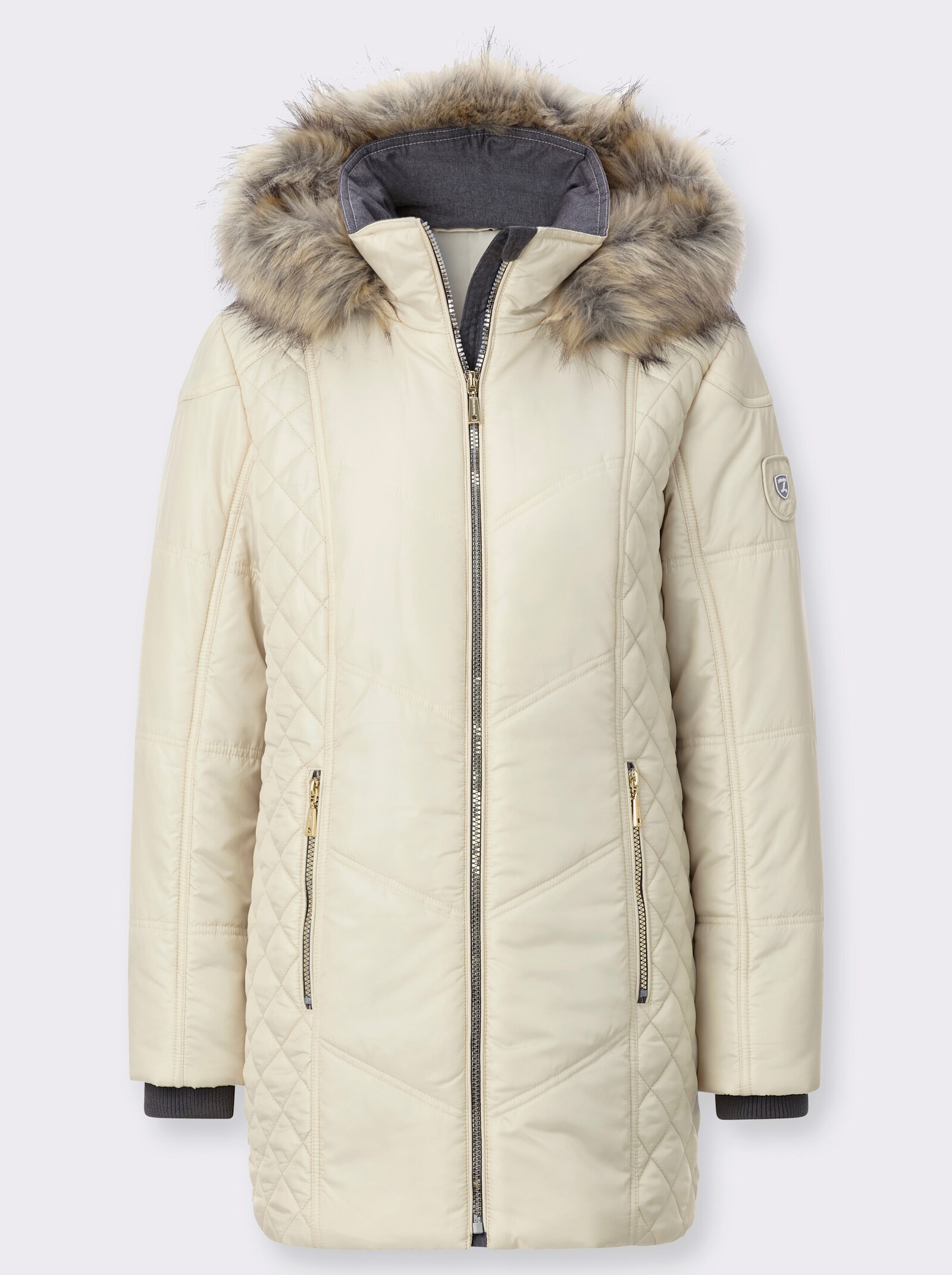 Steppjacke mit Kapuze mit Pelz-Imitat - sand