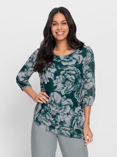 Georgettebluse in floralem Dessin - petrol-kalkmint-bedruckt