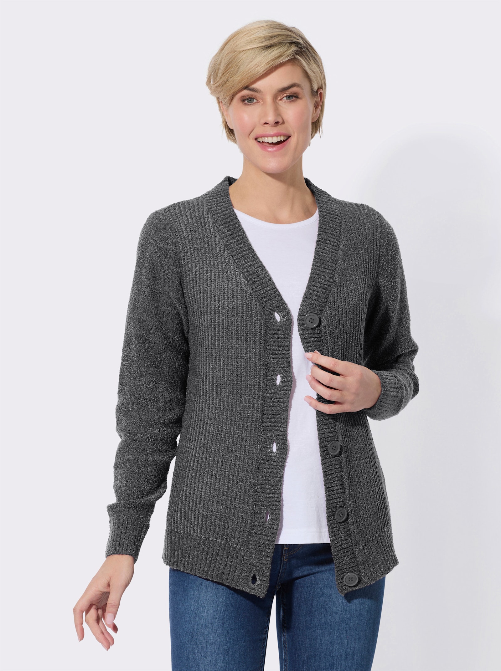 Strickjacke in streckender Ripp-Optik - schwarz-steingrau-meliert