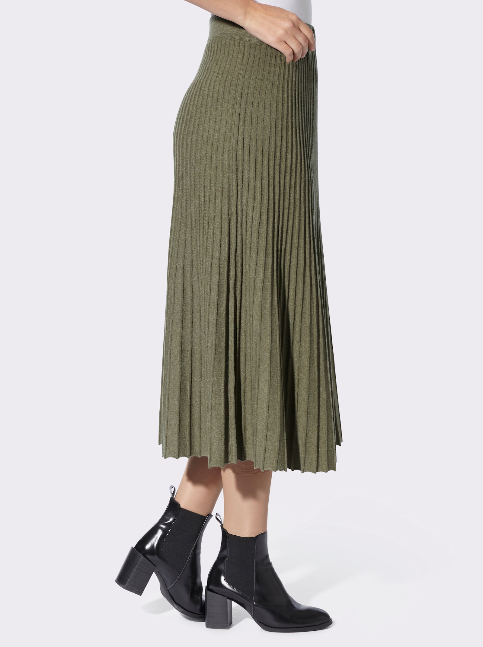 heine Gebreide rok in plissélook - kaki gemêleerd