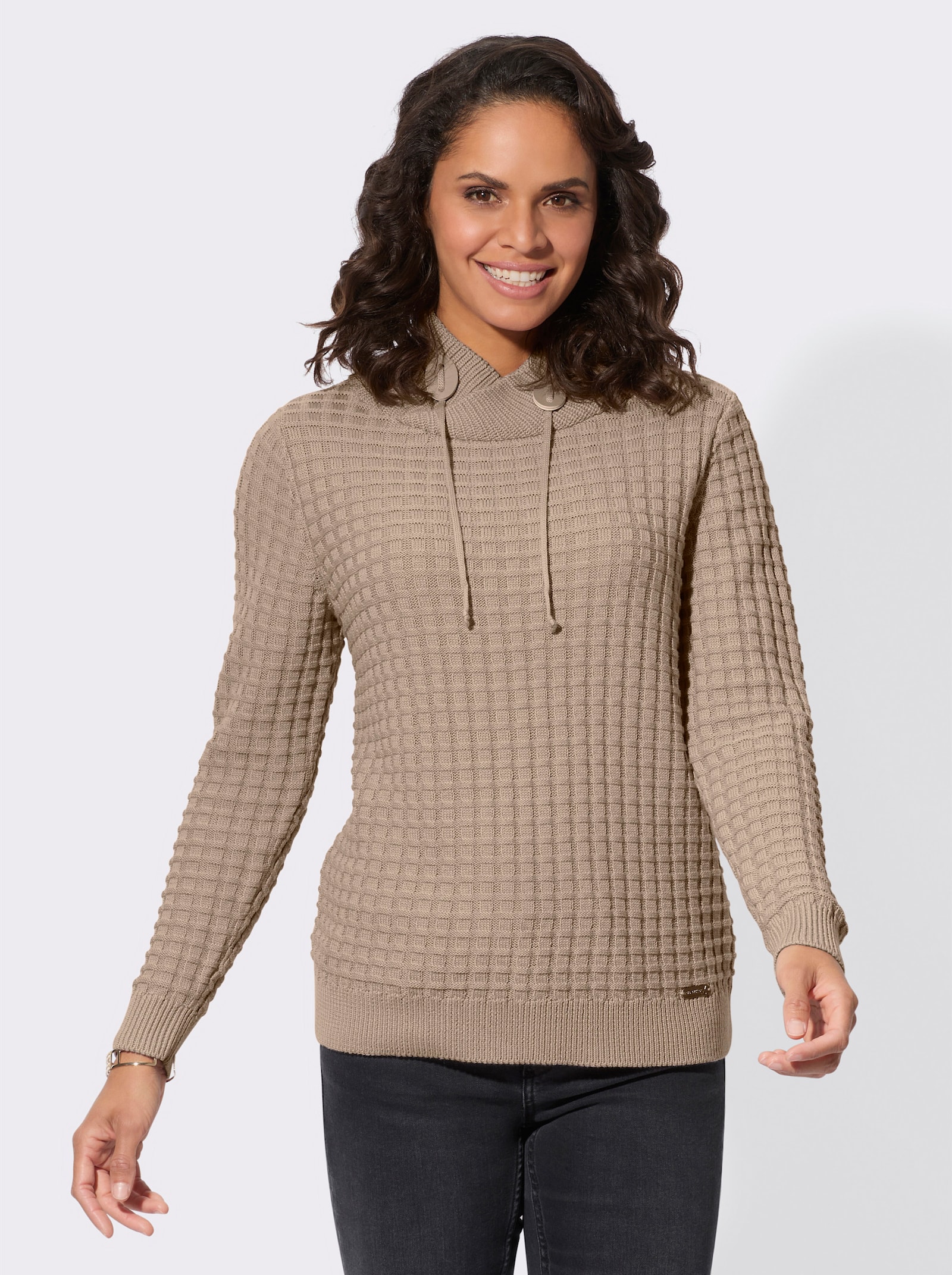 Langarm-Pullover mit asymmetrischem Rollkragen - beige