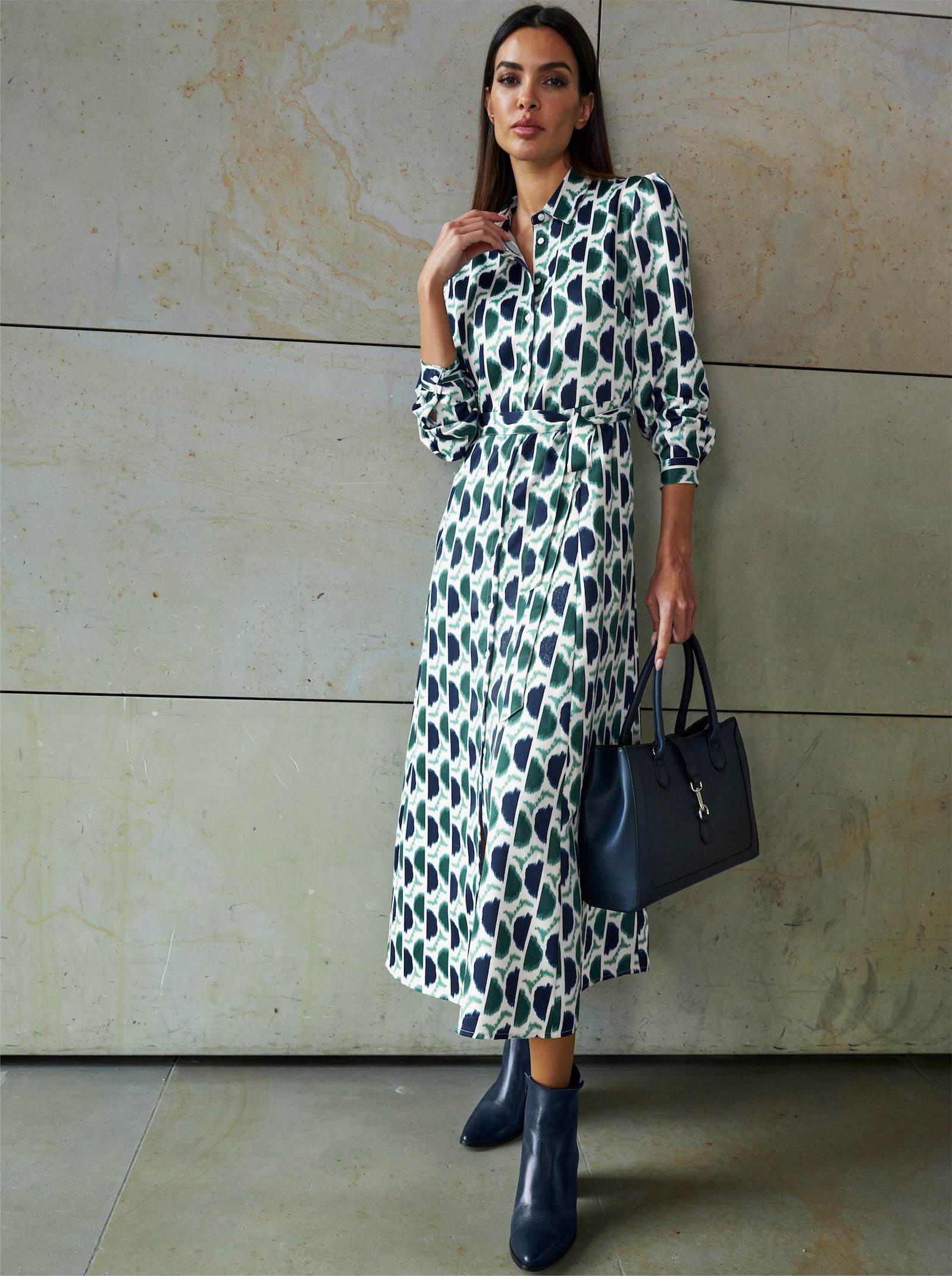 heine Jurk met print en bindceintuur - groen/marine bedrukt