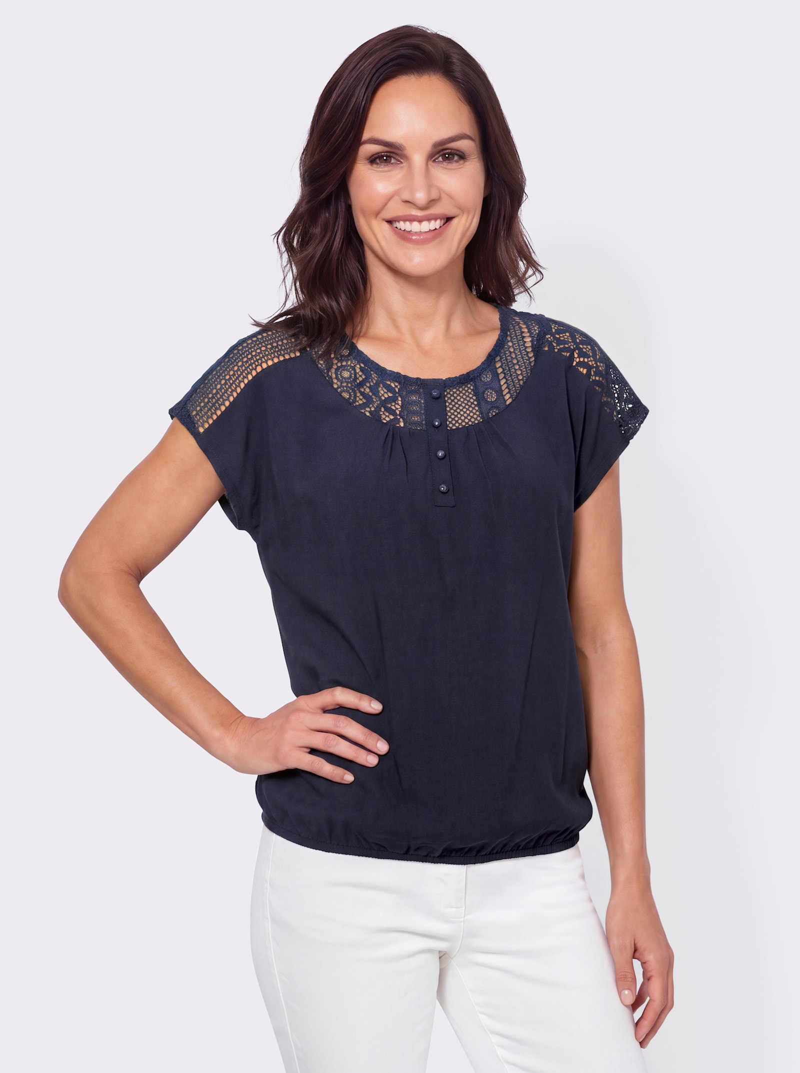 Kurzarmshirt mit Spitzeneinsatz - marine
