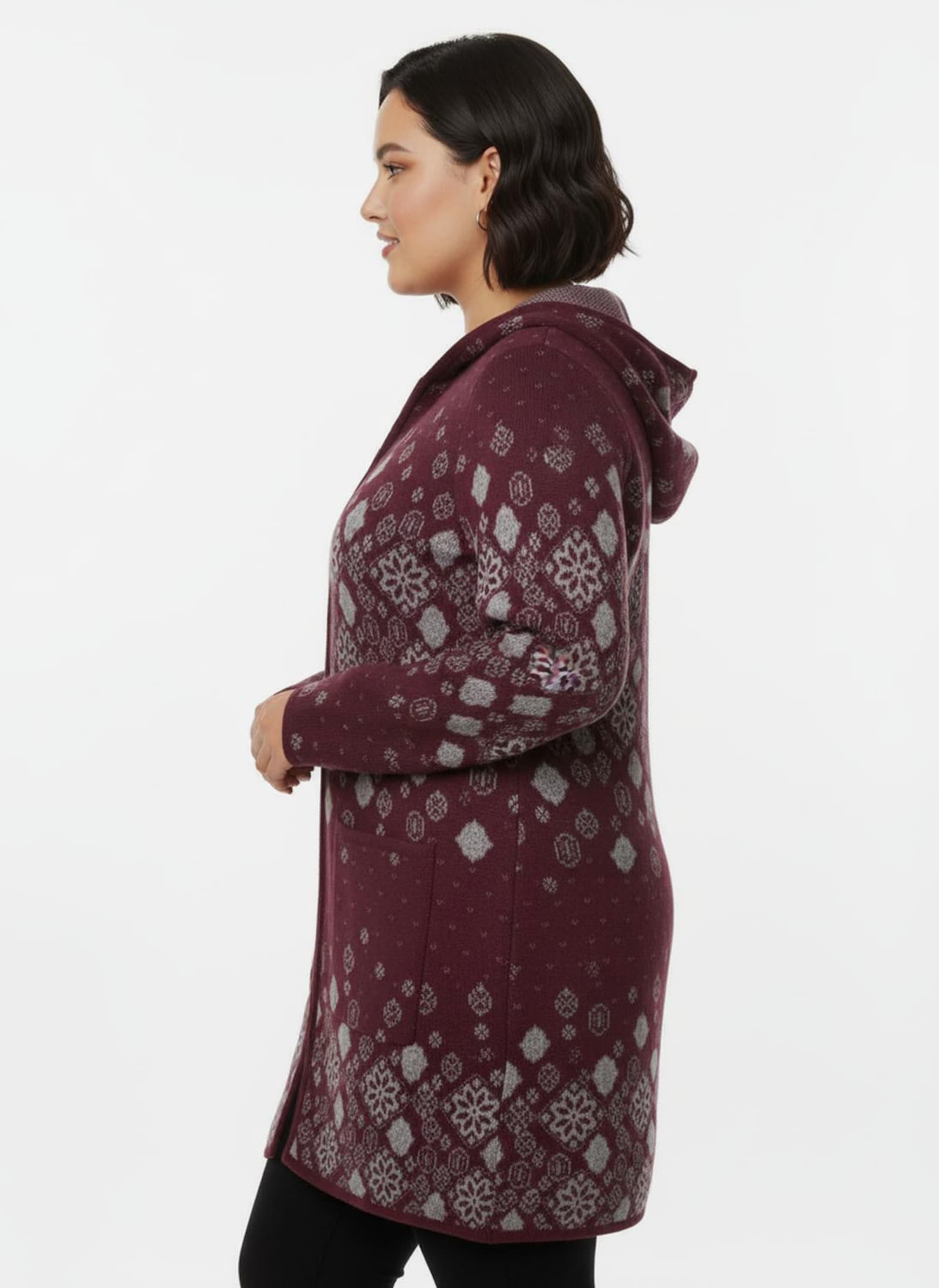 Longstrickjacke mit Jacquard-Strickmuster - dunkelrot-gemustert