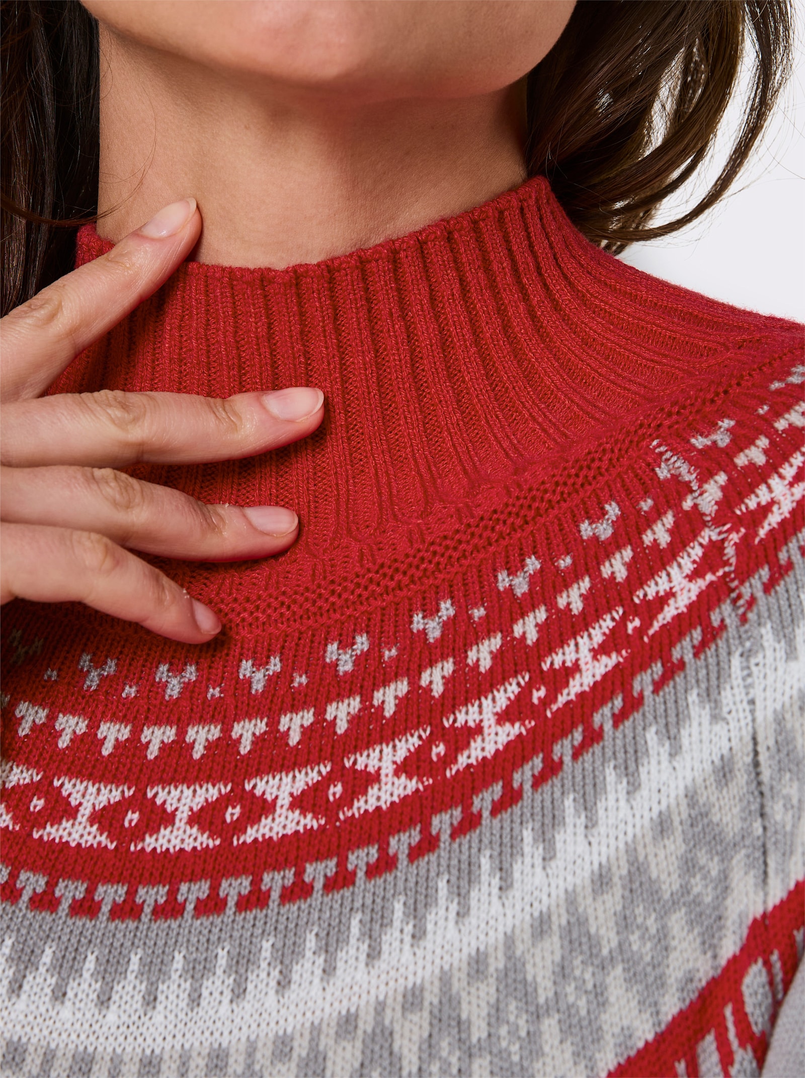 CREATION L PREMIUM Norwegerpullover mit Jacquard-Strick - steingrau-rot-gemustert