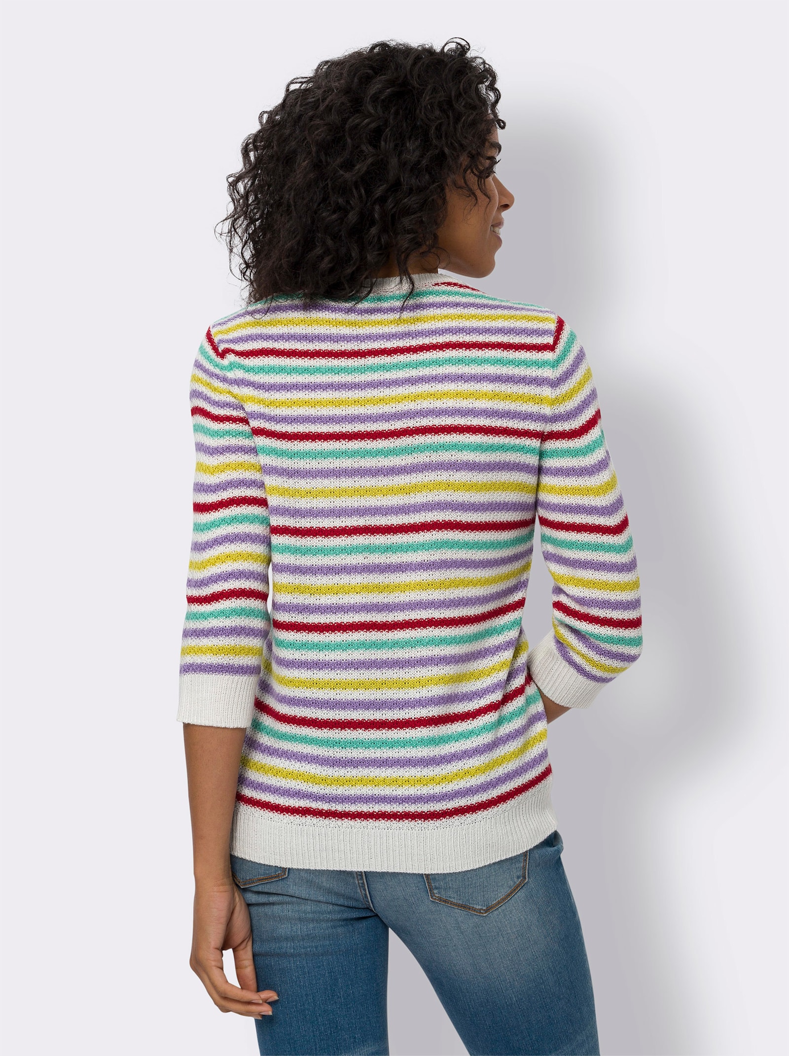 Pulóver, pruhy, ažúrové prvky - écru-jahodové pruhy