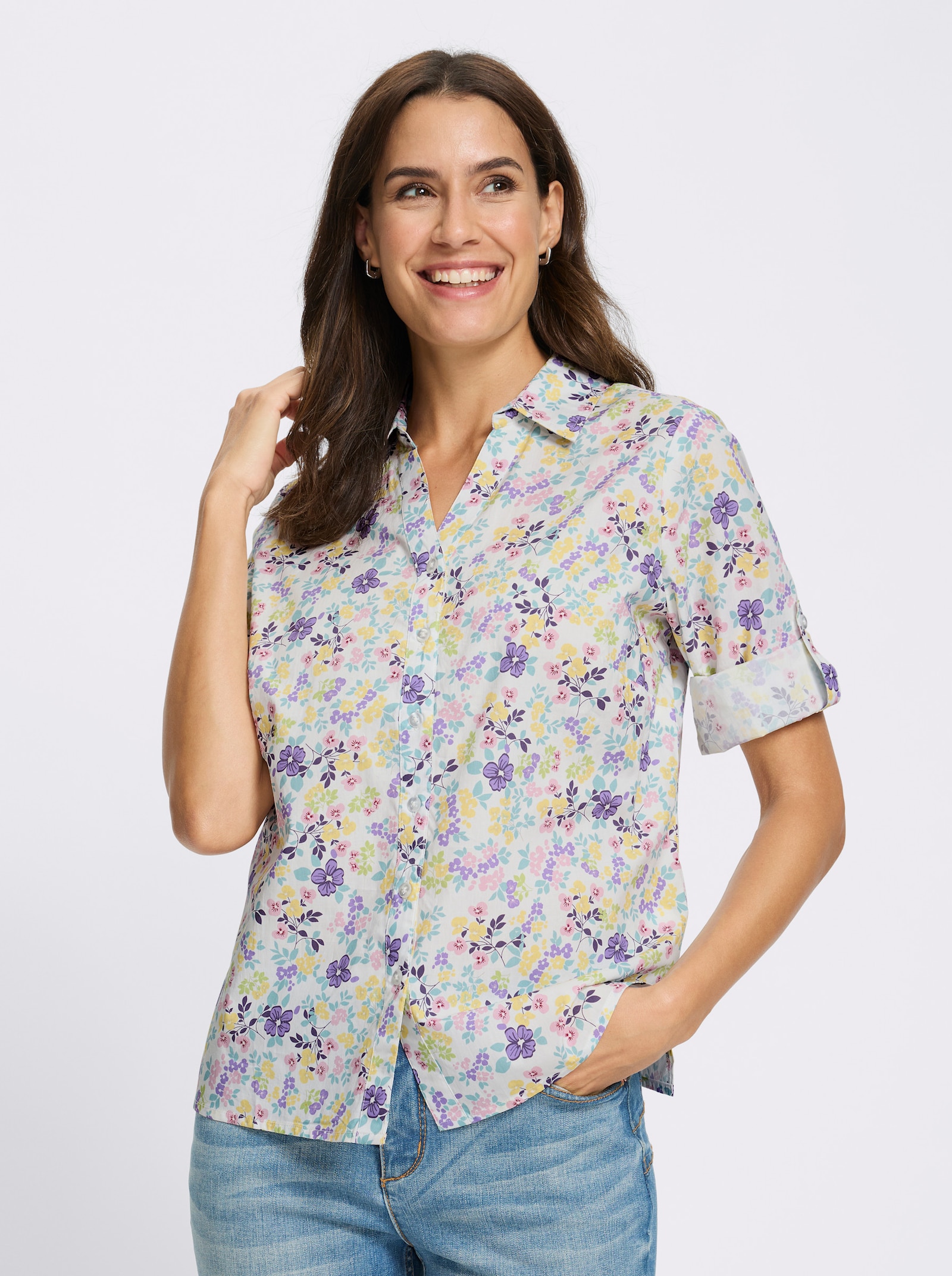 Baumwollbluse mit längenregulierbaren Ärmeln - weiß-bedruckt