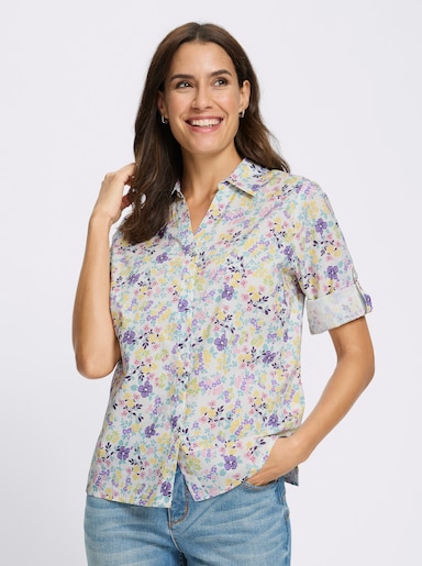 Baumwollbluse mit längenregulierbaren Ärmeln - weiß-bedruckt