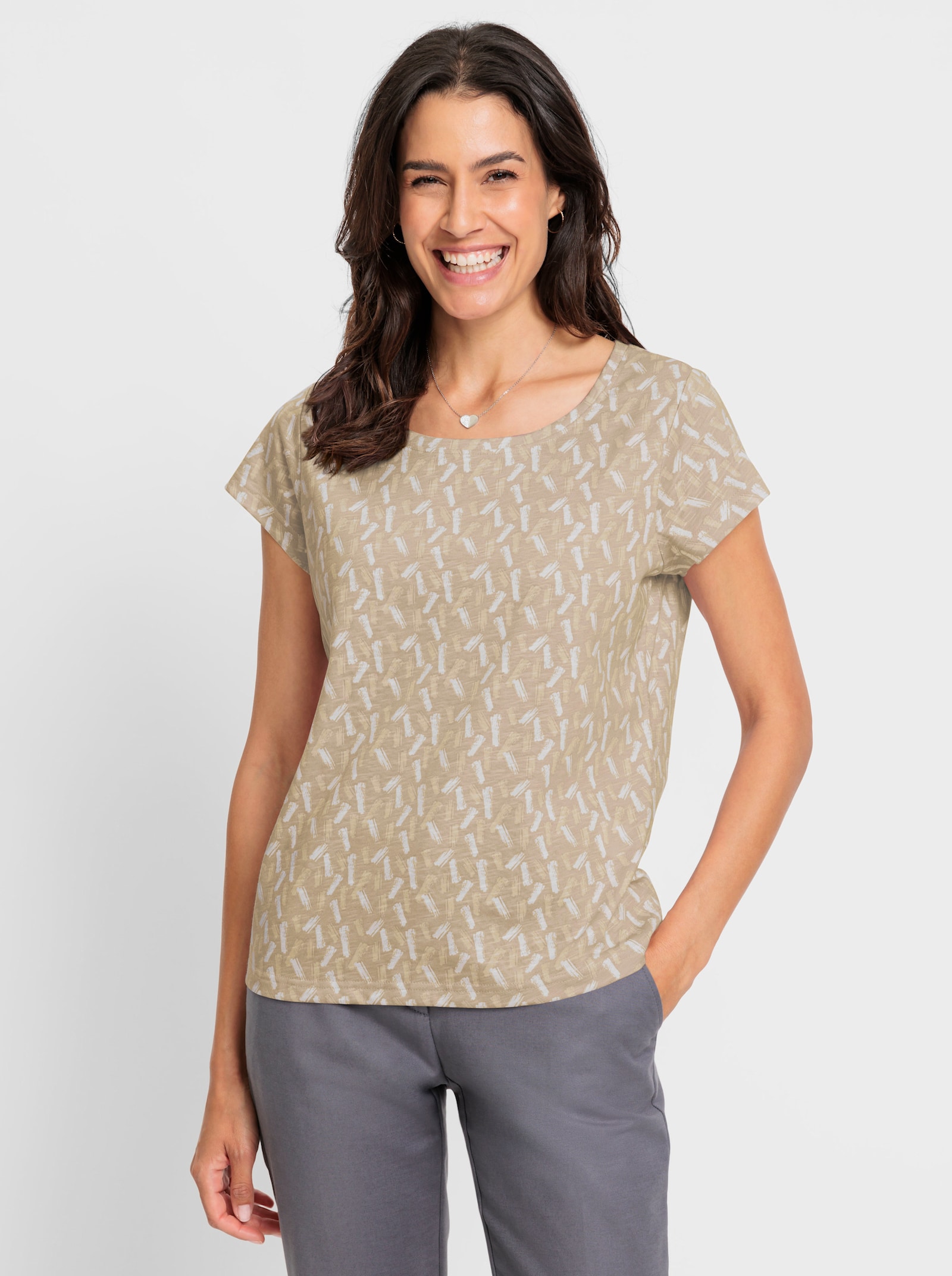 Rundhalsshirt mit Flammgarn-Struktur - beige-ecru-bedruckt