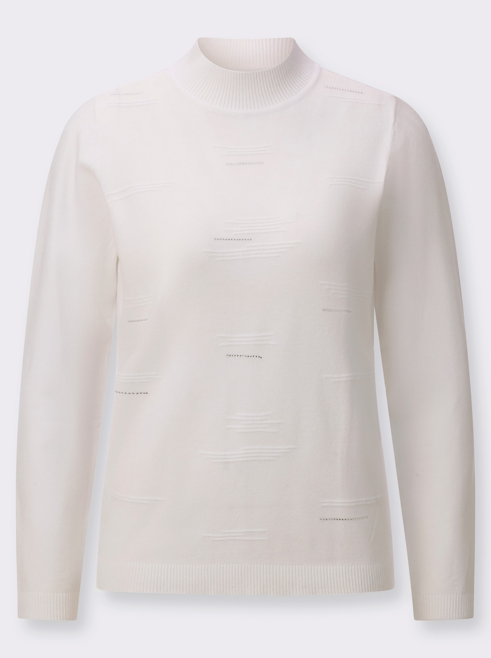 Stehkragenpullover mit Rippmuster und Glitzersteinchen - weiß