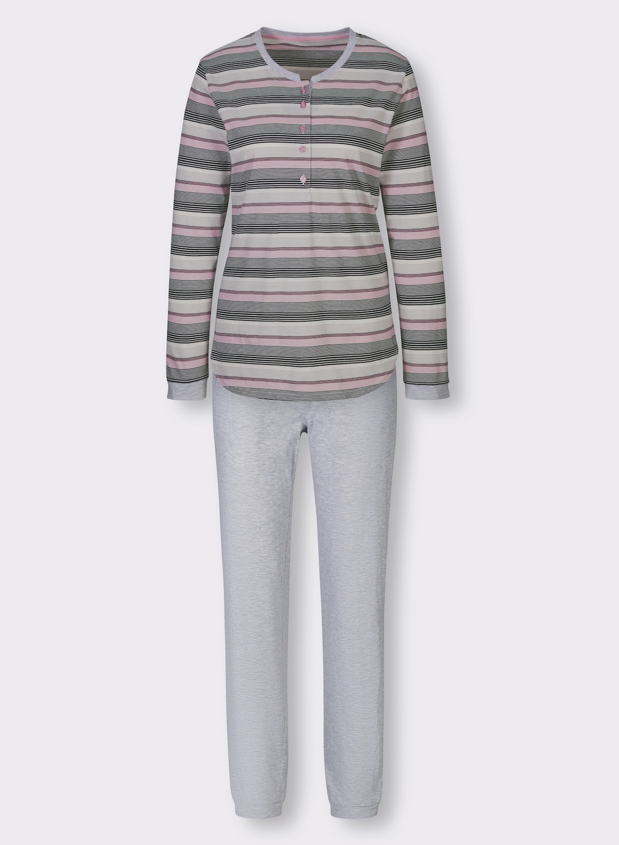 Hajo Pyjama - lichtgrijs gemêleerd/roze gestreept