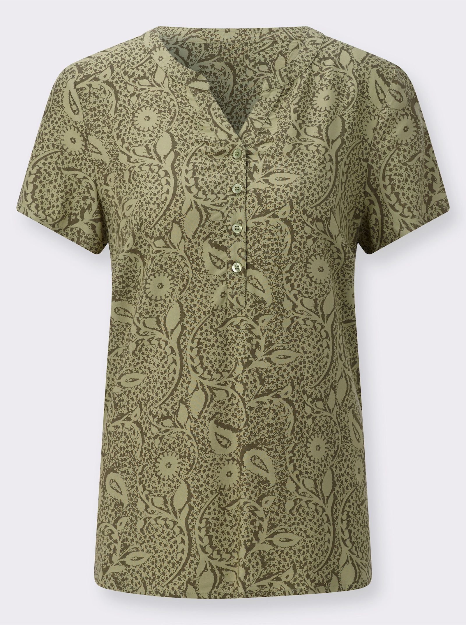 Schlupfbluse aus reiner Viskose - schilf-khaki-bedruckt