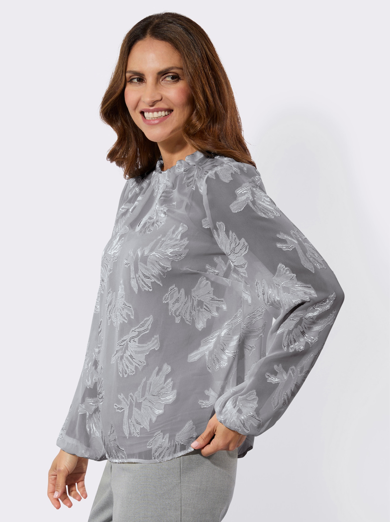 Blouse met lange mouwen en plooien bij de hals - steengrijs