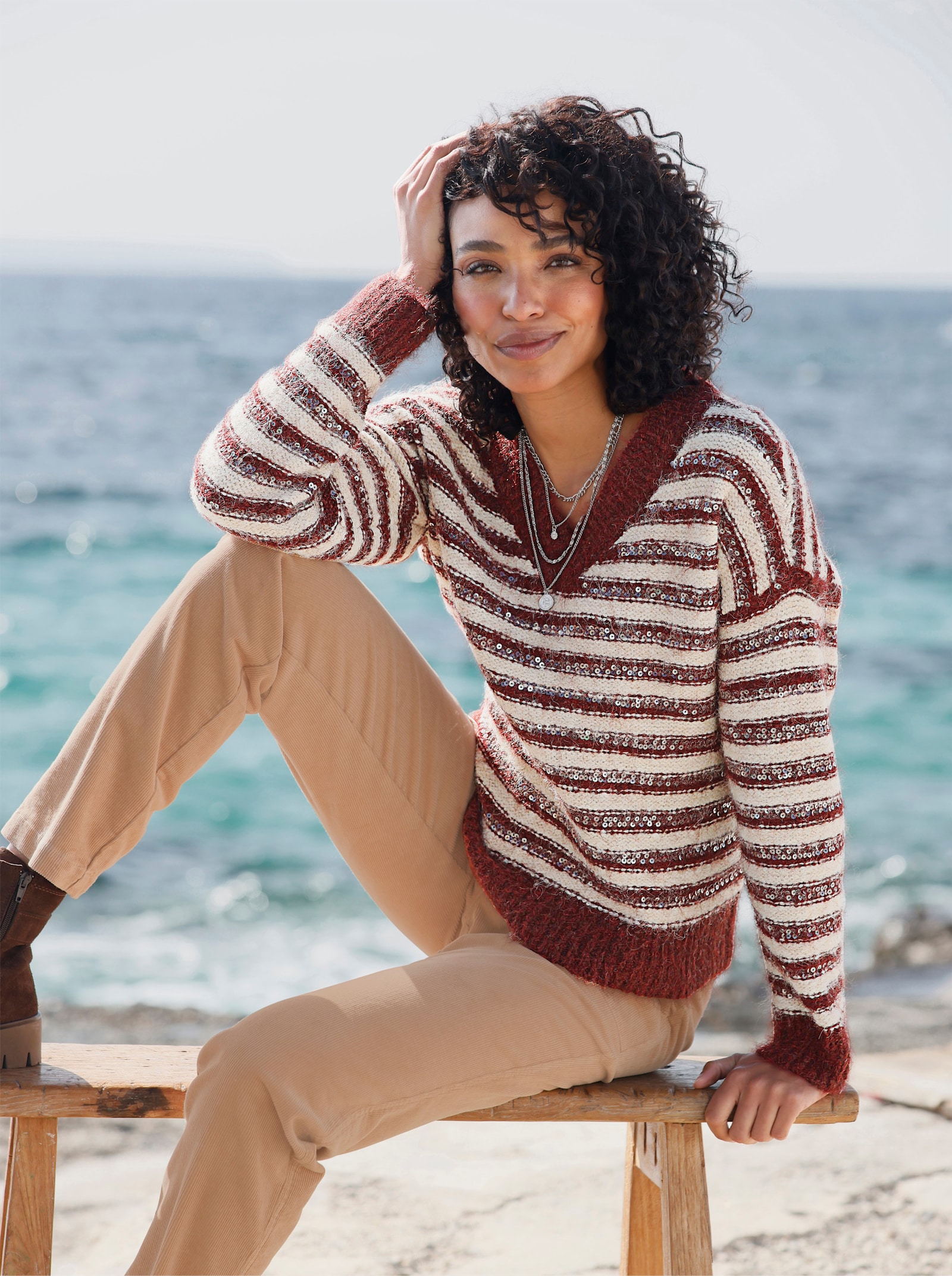 heine Streifenpullover mit Pailletten - bordeaux-beige-geringelt