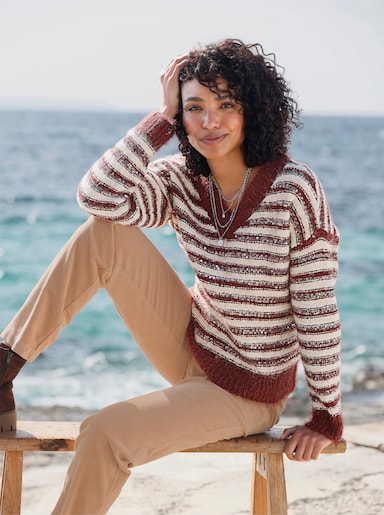 heine Streifenpullover mit Pailletten - bordeaux-beige-geringelt