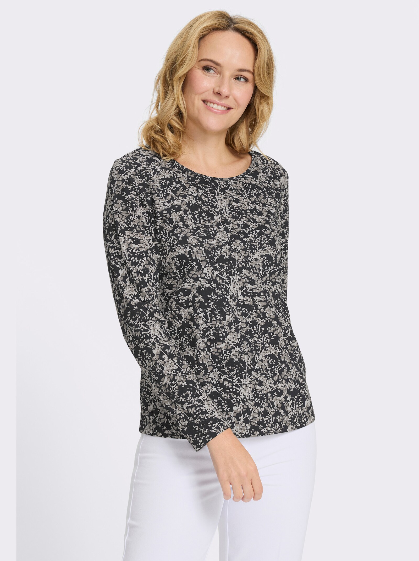 Langarmshirt mit Millefleur-Druck - schwarz-ecru-bedruckt