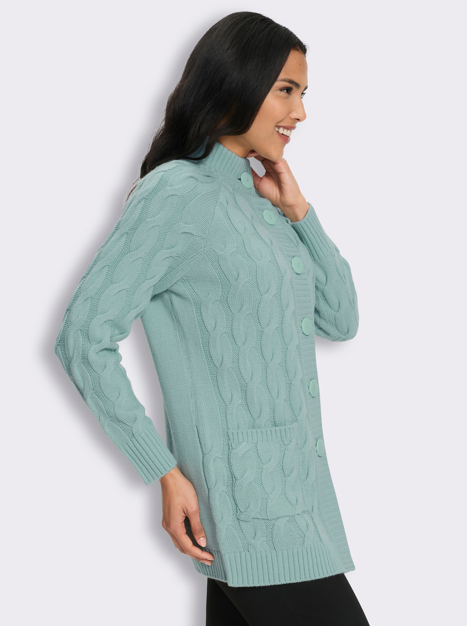 Longstrickjacke mit Zopfmuster - kalkmint