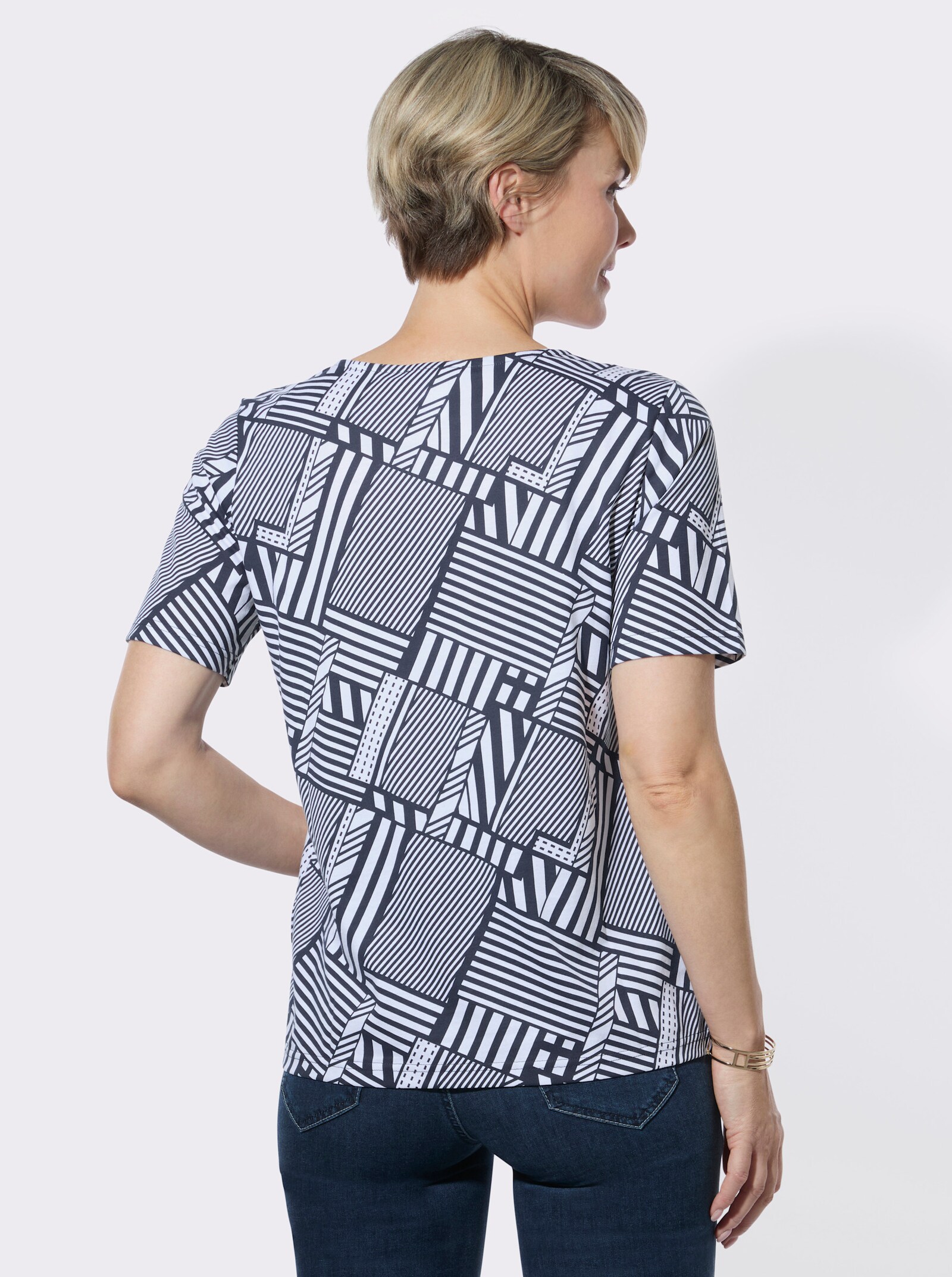 Rundhalsshirt im Grafik-Dessin - marine-weiß-bedruckt