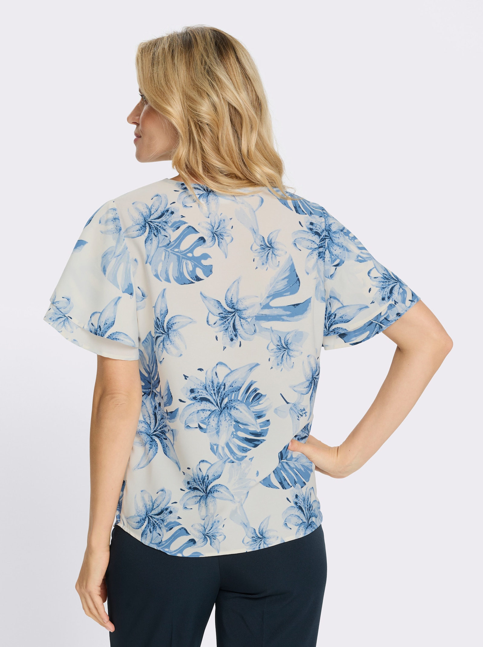 Kurzarm-Bluse in pflegeleichter Qualität - eisblau-champagner-bedruckt