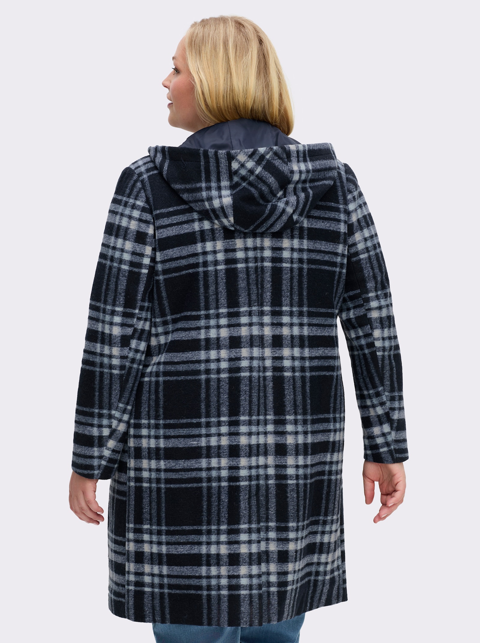 sheego Winterjas met ritssluiting en drukknopen - diepblauw/ijsblauw geruit