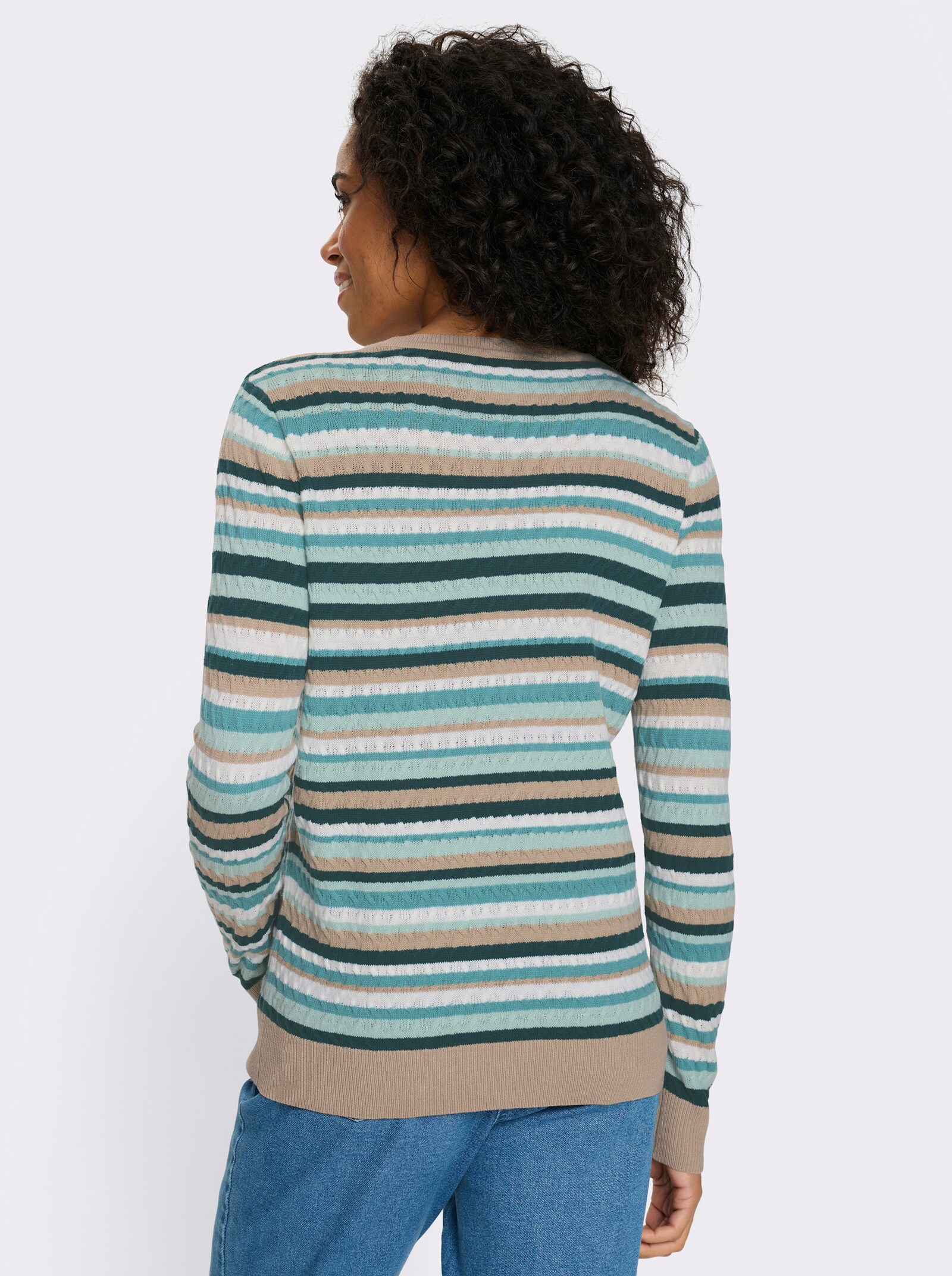 Rundhalspullover mit Zopfmuster im Ringel-Dessin - ozean-kalkmint-geringelt