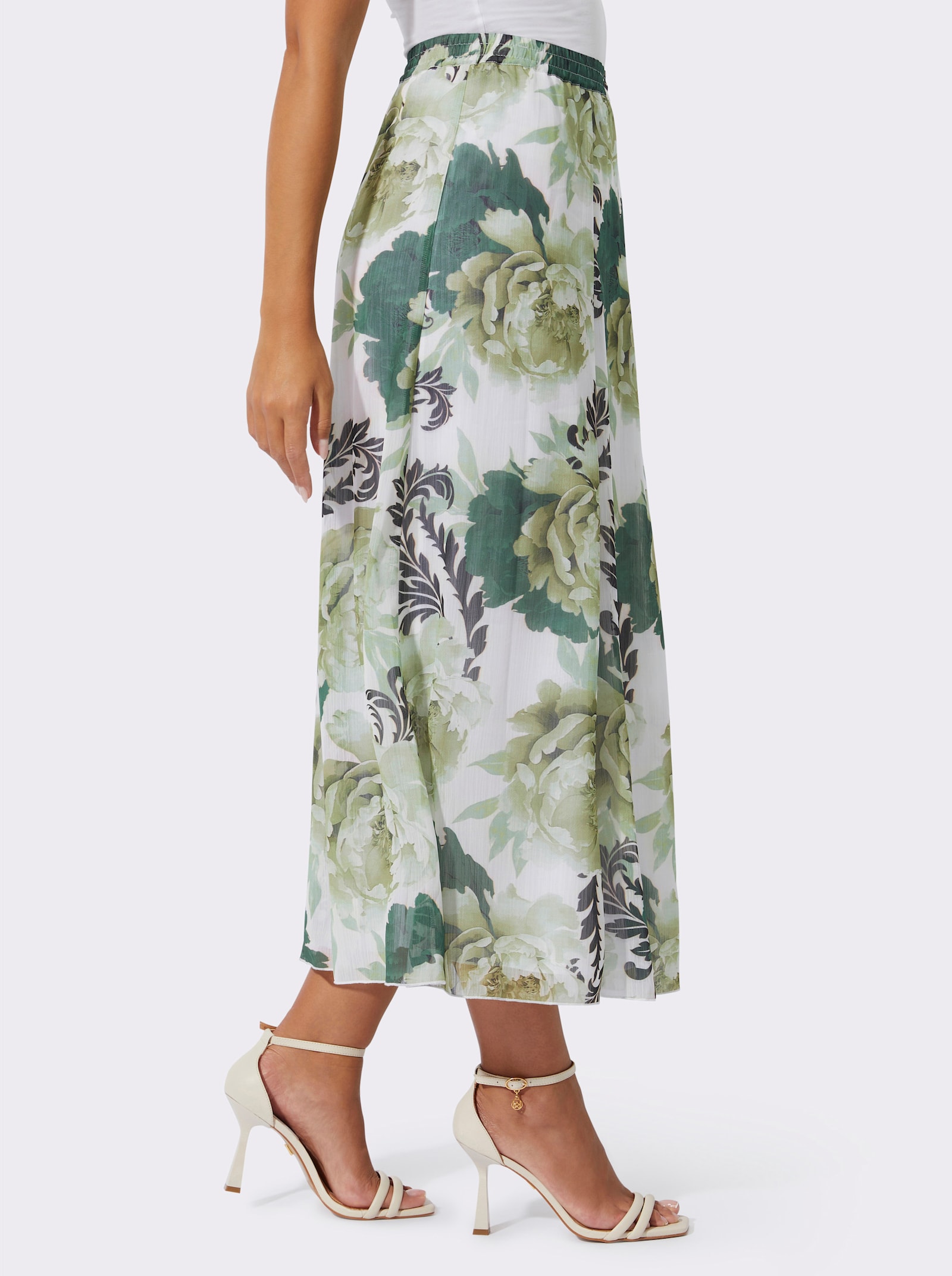 Bahnenrock mit Rundum-Dehnbund - champagner-lindgrün-bedruckt