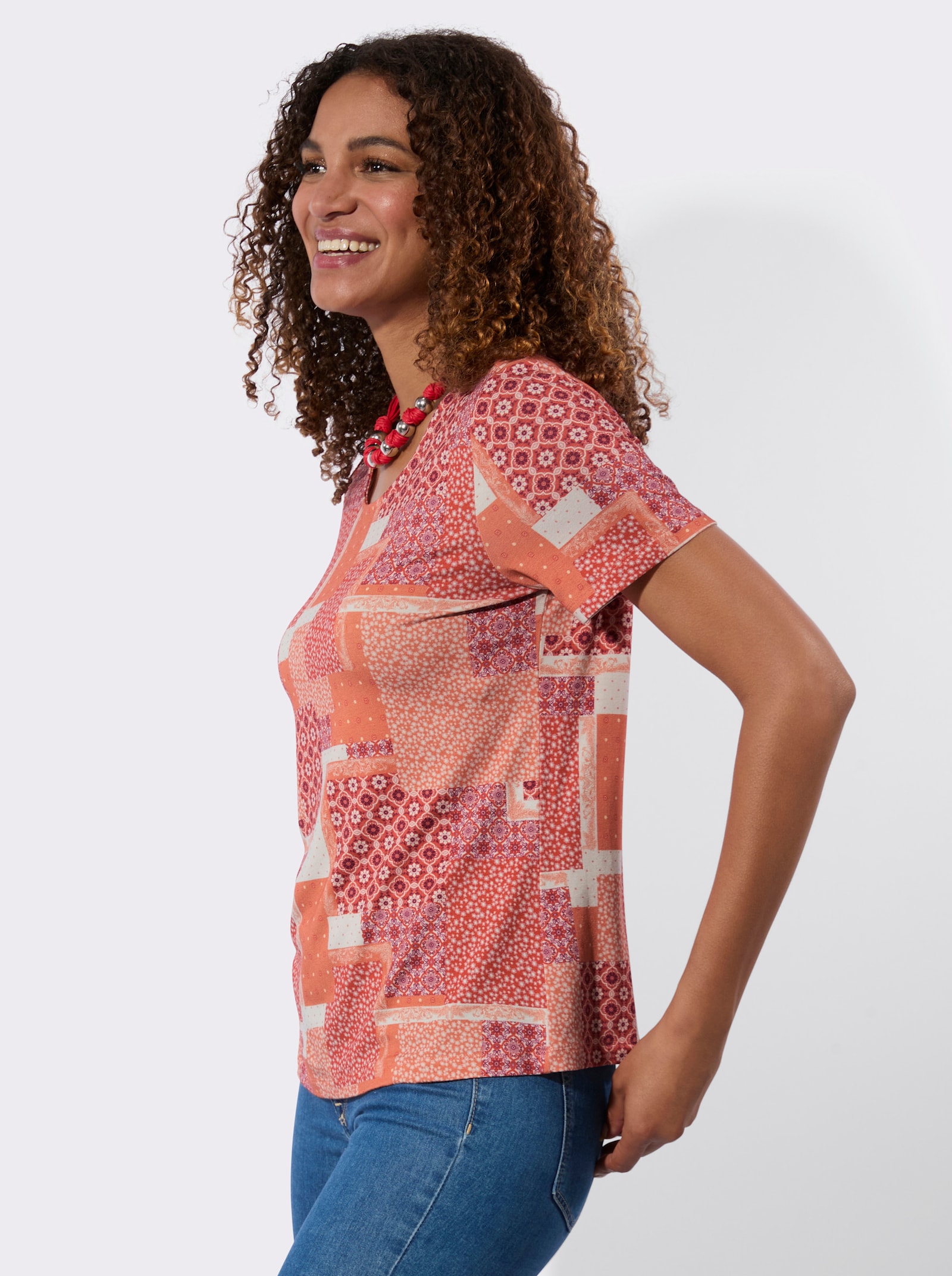 Print-Shirt mit Patchwork-Dessin - champagner-papaya-bedruckt