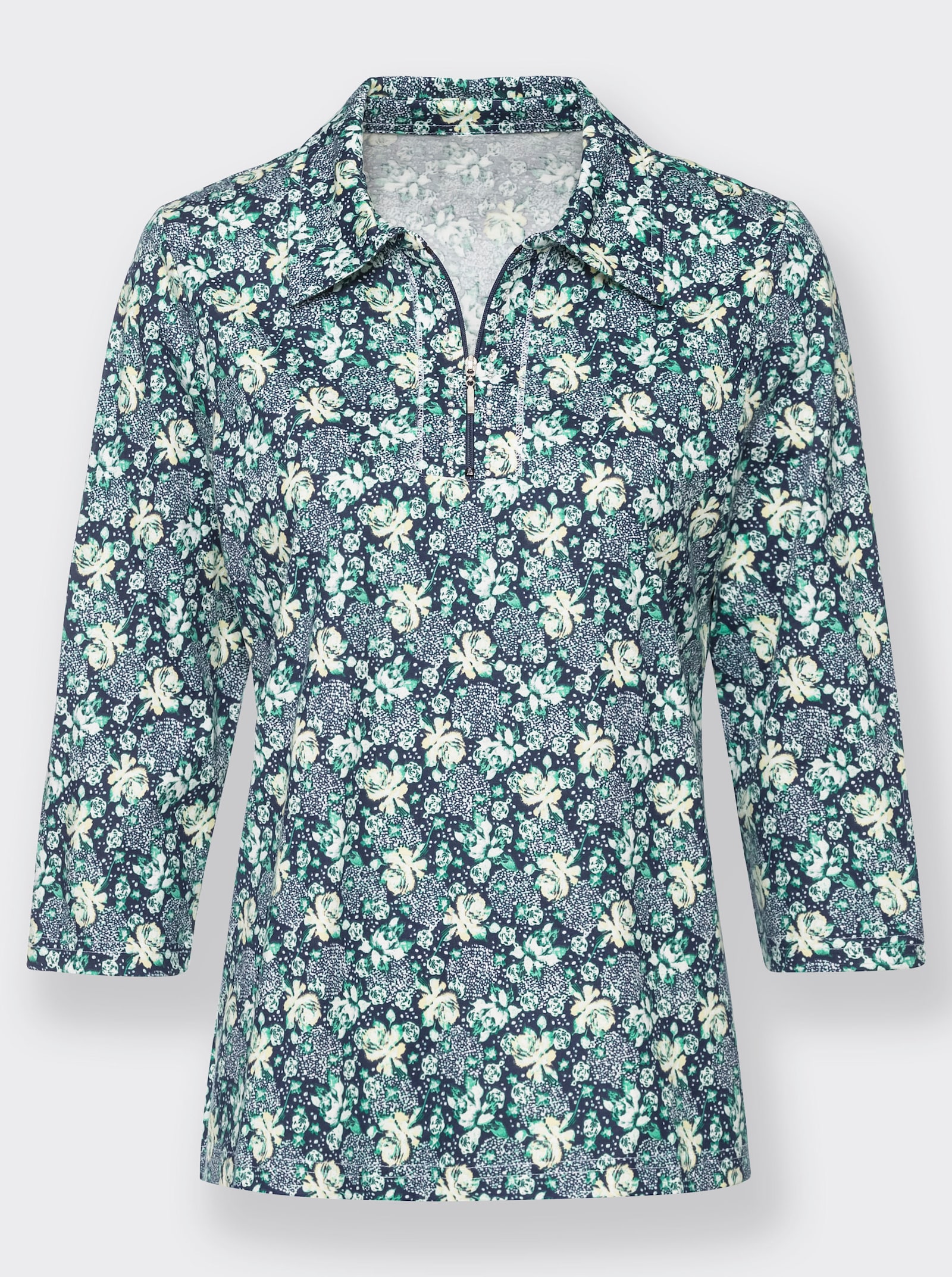 Poloshirt mit Glitzersteinchen - marine-zitrone-bedruckt