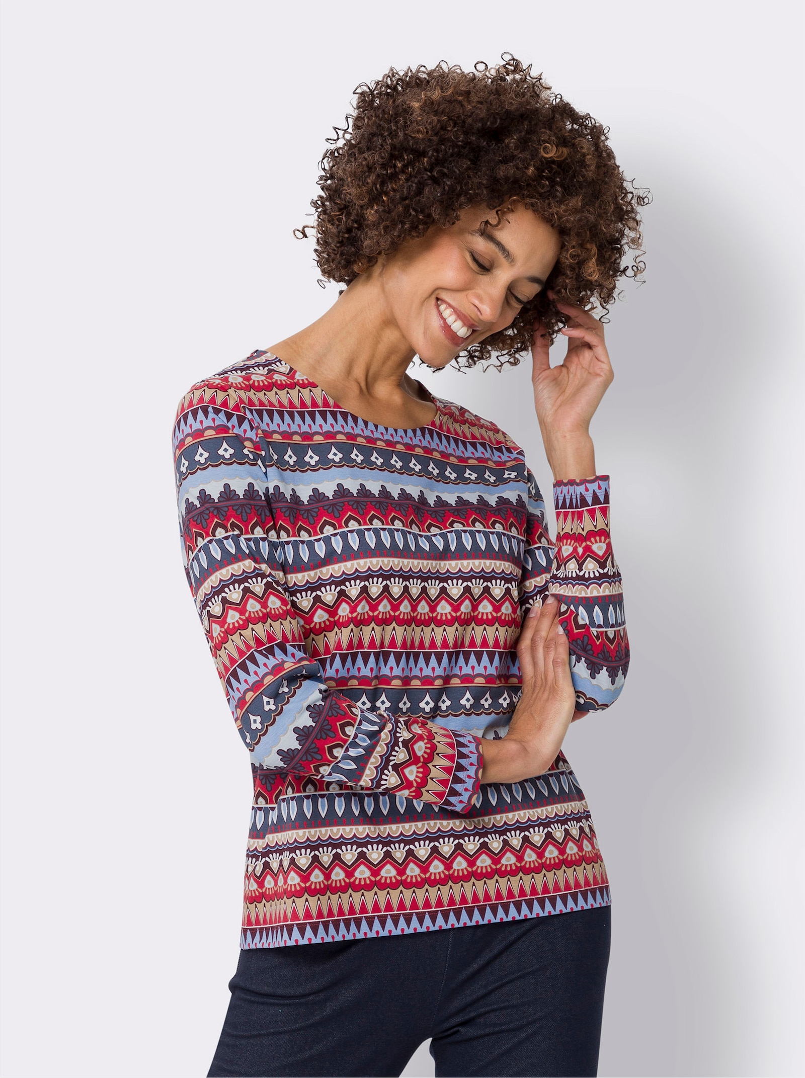 Tričko s dlouhým rukávem a grafickými proužky - kouřová modrá-jahodová-potisk