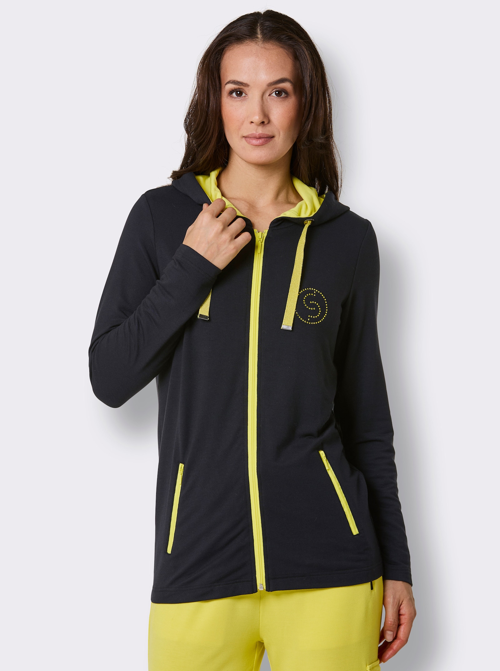 CREATION L PREMIUM Jacke mit Glitzersteinchen-Applikation - schwarz-limone