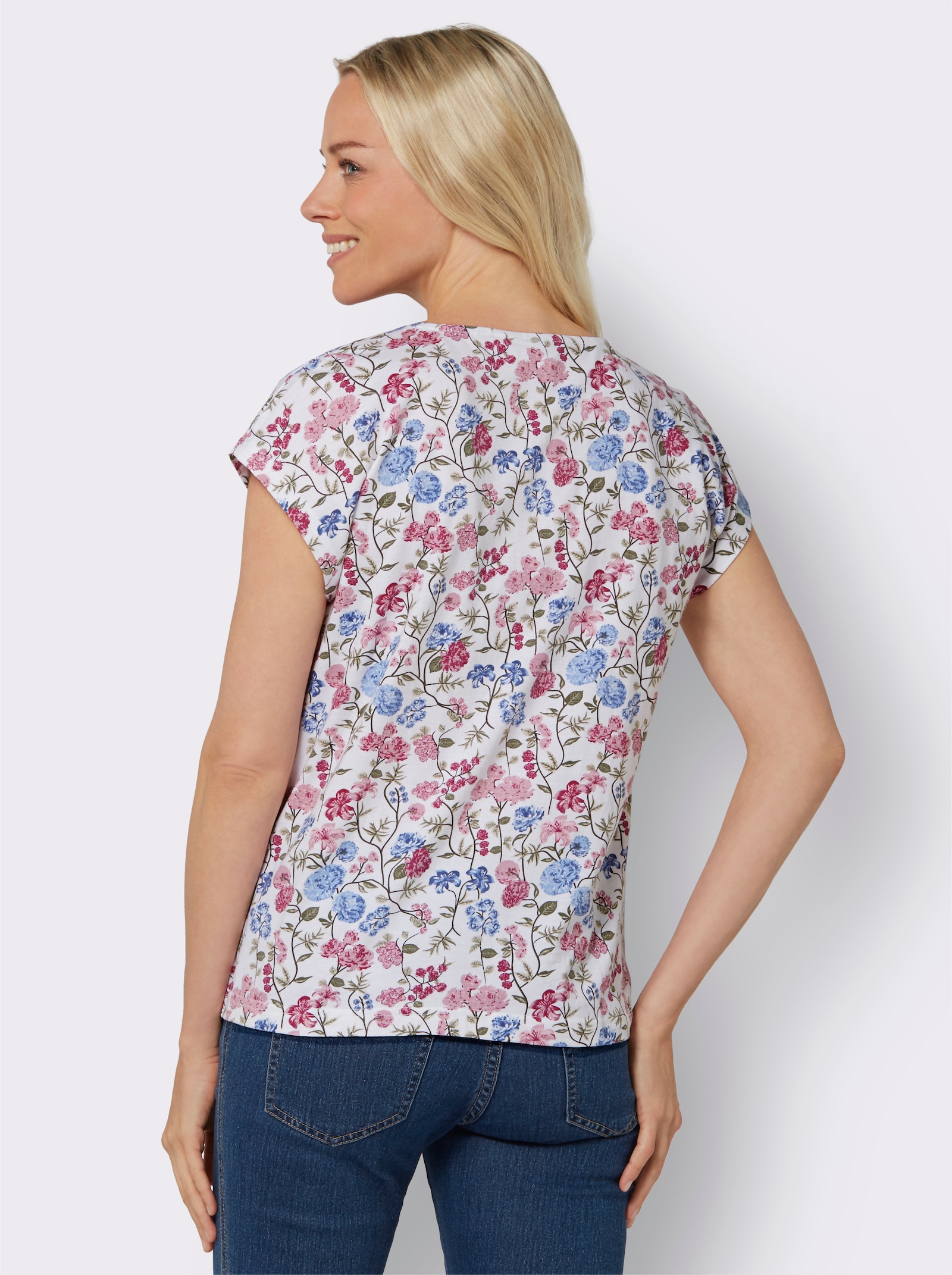 Kurzarmshirt mit überschnittenen Schultern - weiß-bedruckt