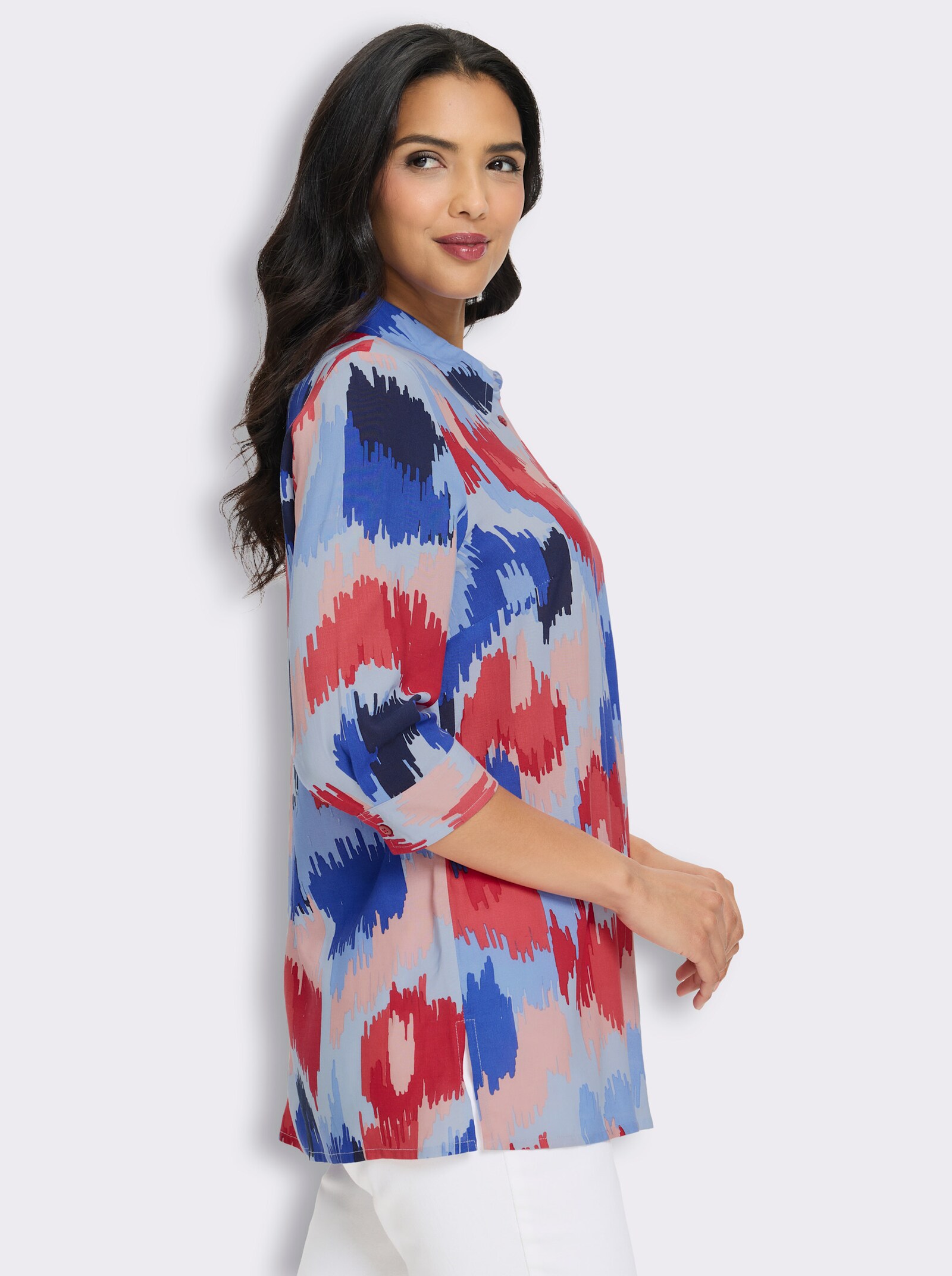 Longbluse in A-Form, aus reiner Viskose - hellblau-erdbeere-bedruckt
