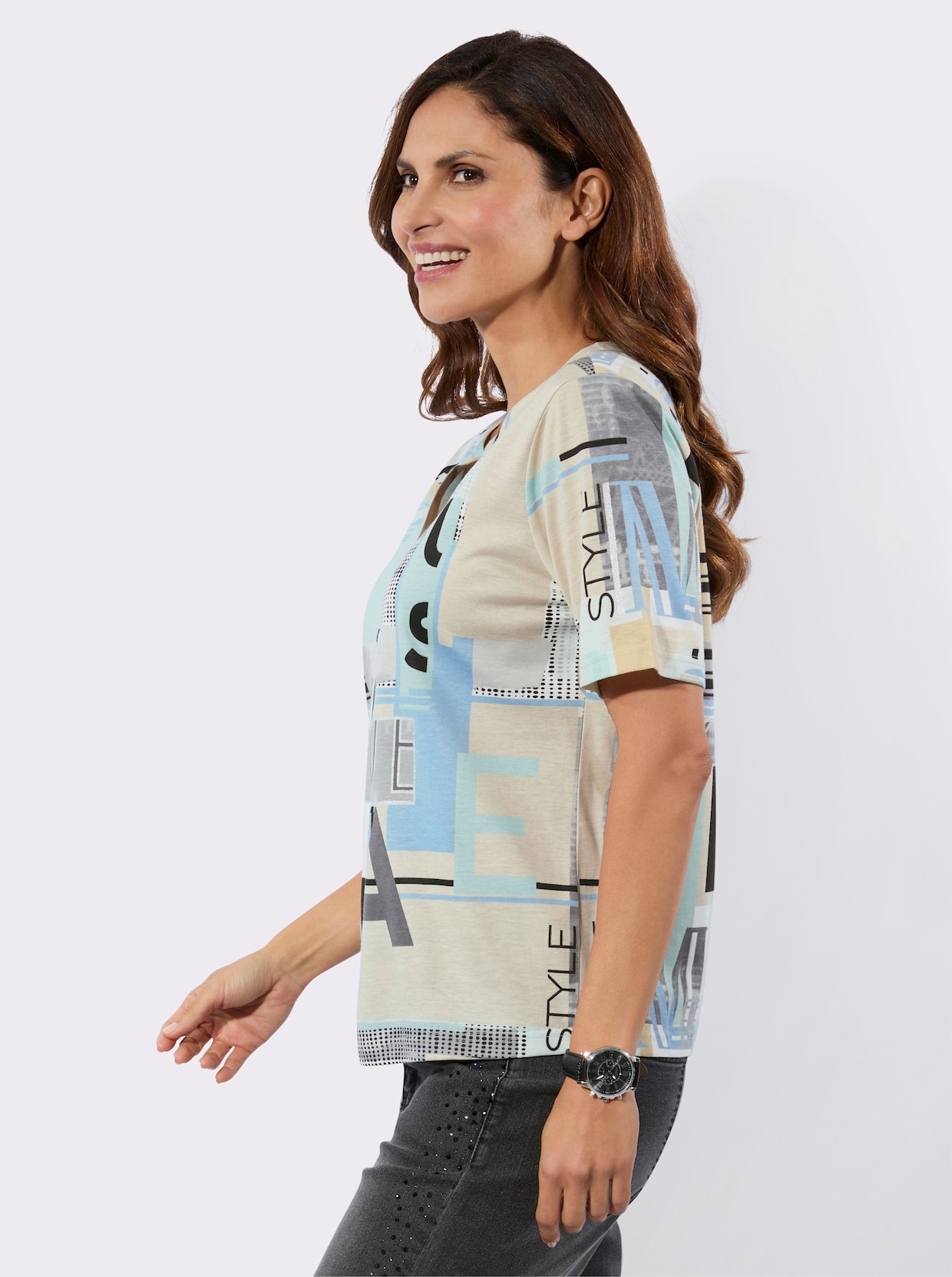 Kurzarmshirt im Baumwoll-Modal-Mix - bleu-sand-bedruckt